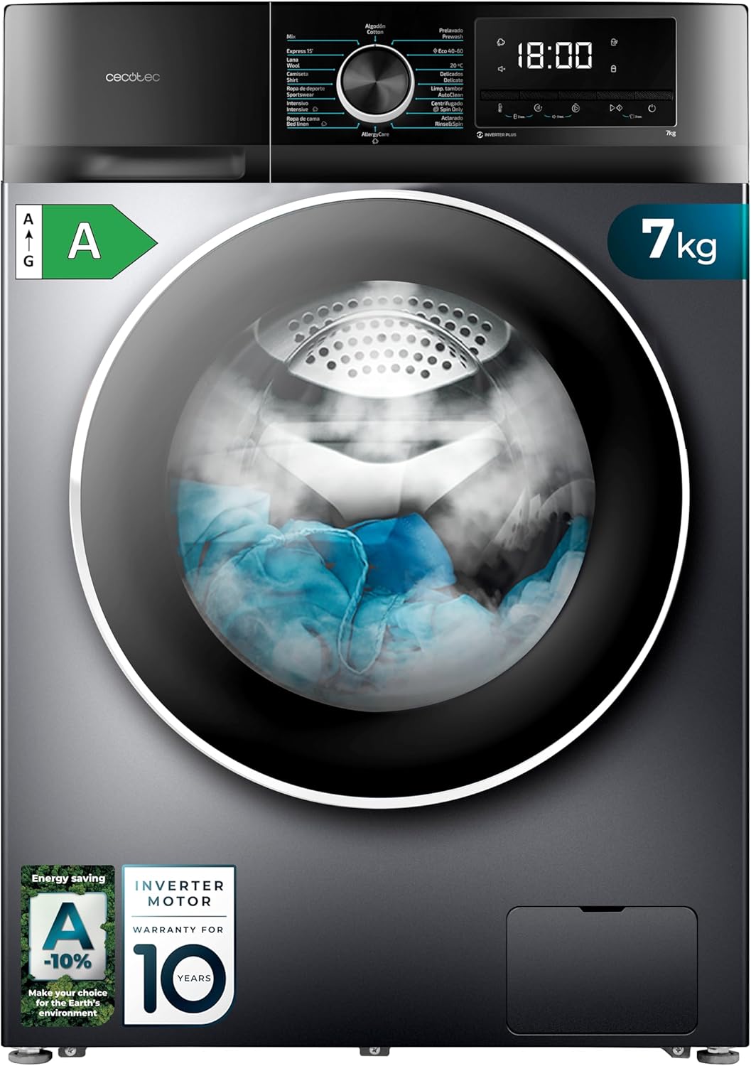 Cecotec - Bolero Dresscode 7500 Inverter - 7 kg - frontal, Classe A, 1400 tr/min, 16 programmes