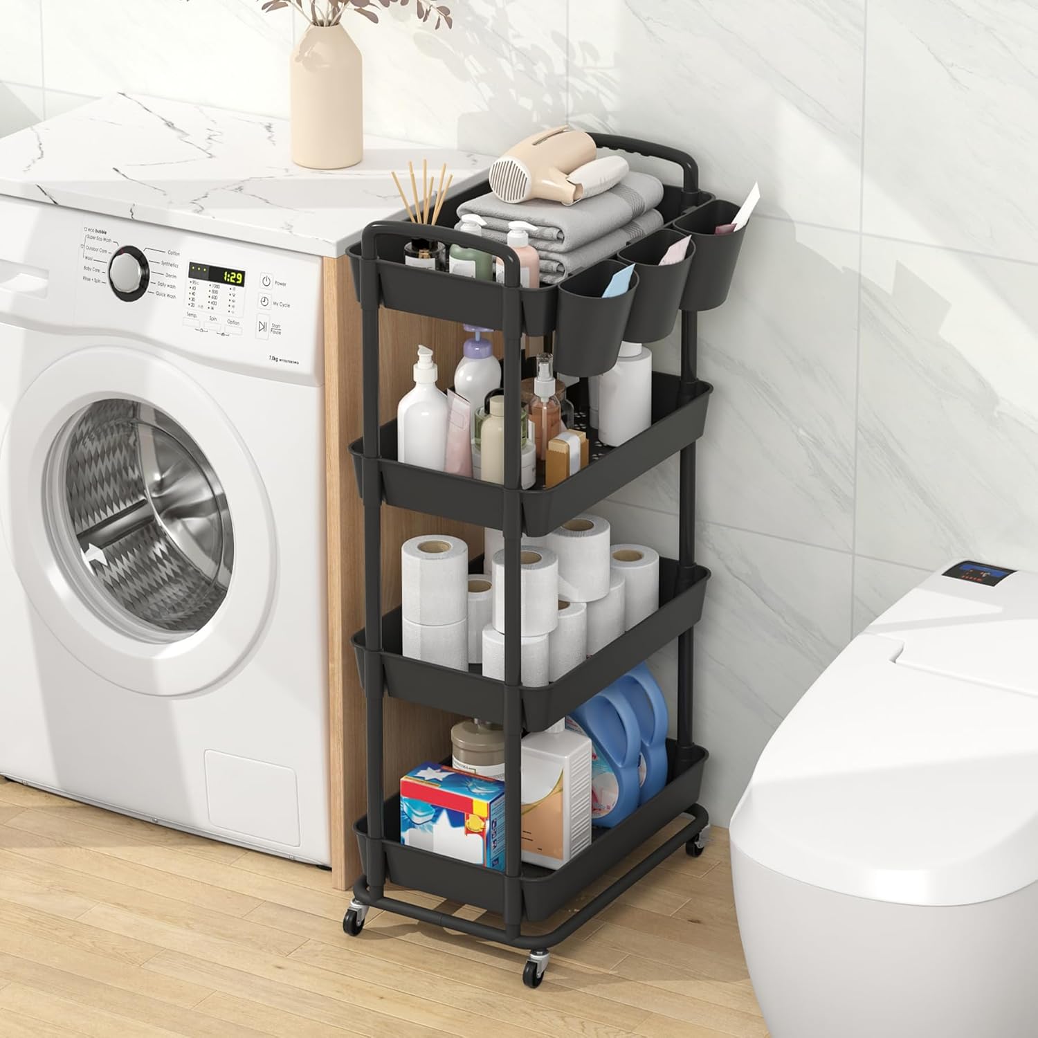 JIUYOTREE - chariot 4 niveaux, roulettes verrouillables, gobelets, poignées, noir