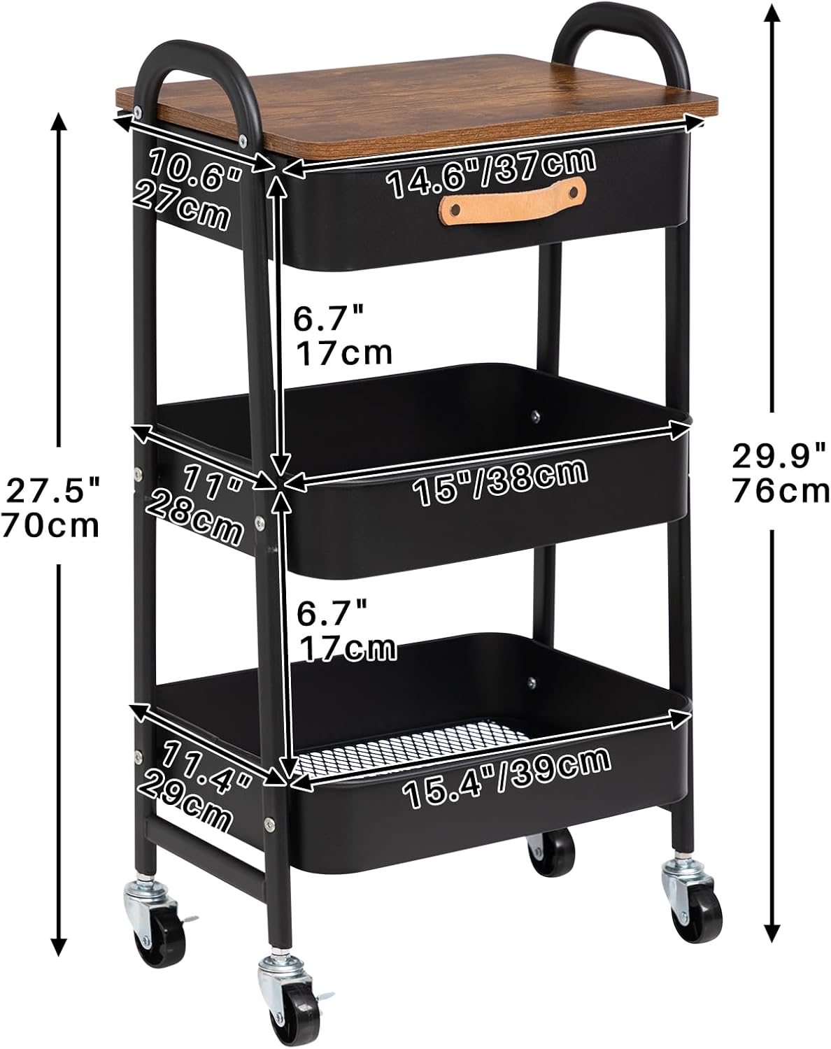 DOEWORKS - chariot 3 niveaux métal avec tiroir, roues, cuisine/bureau, noir