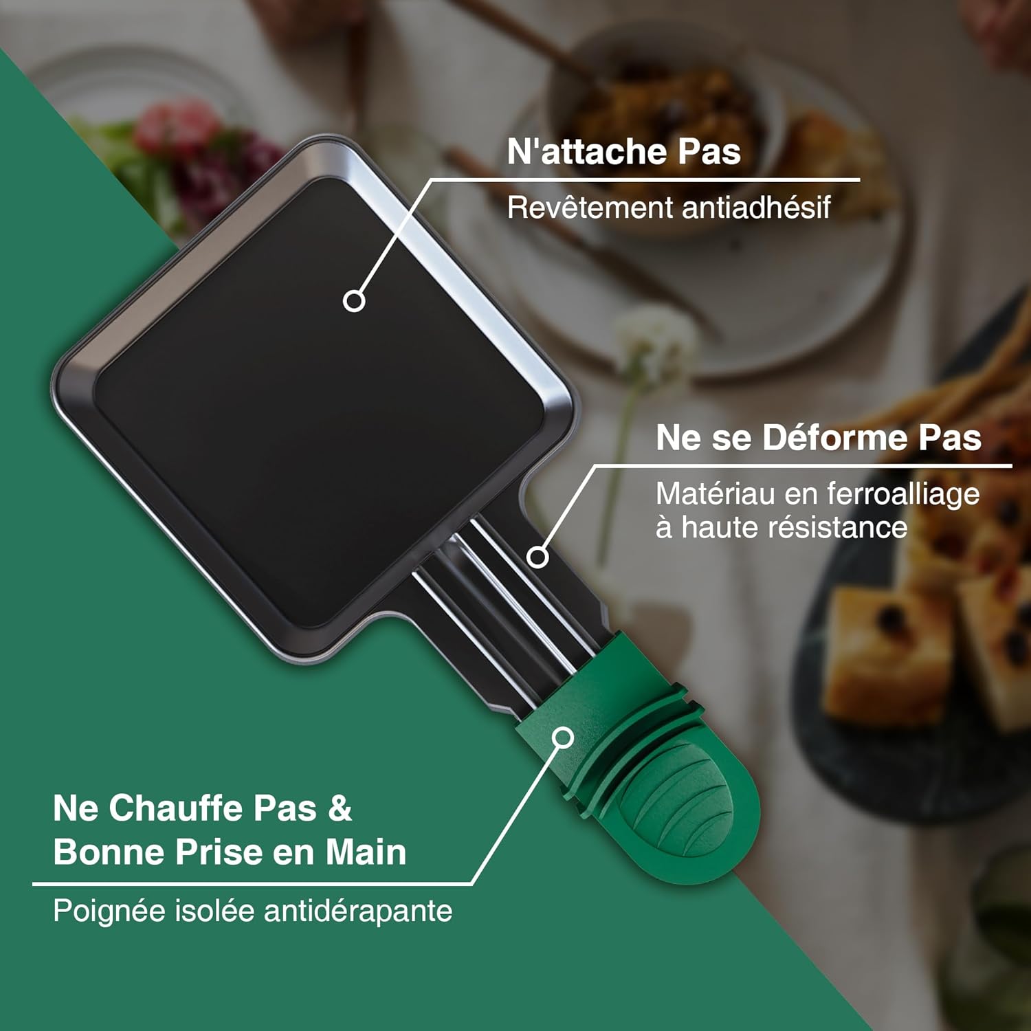 Poêlons à raclette carrés - 8 pcs - antiadhésif, poignées colorées, spatules incluses