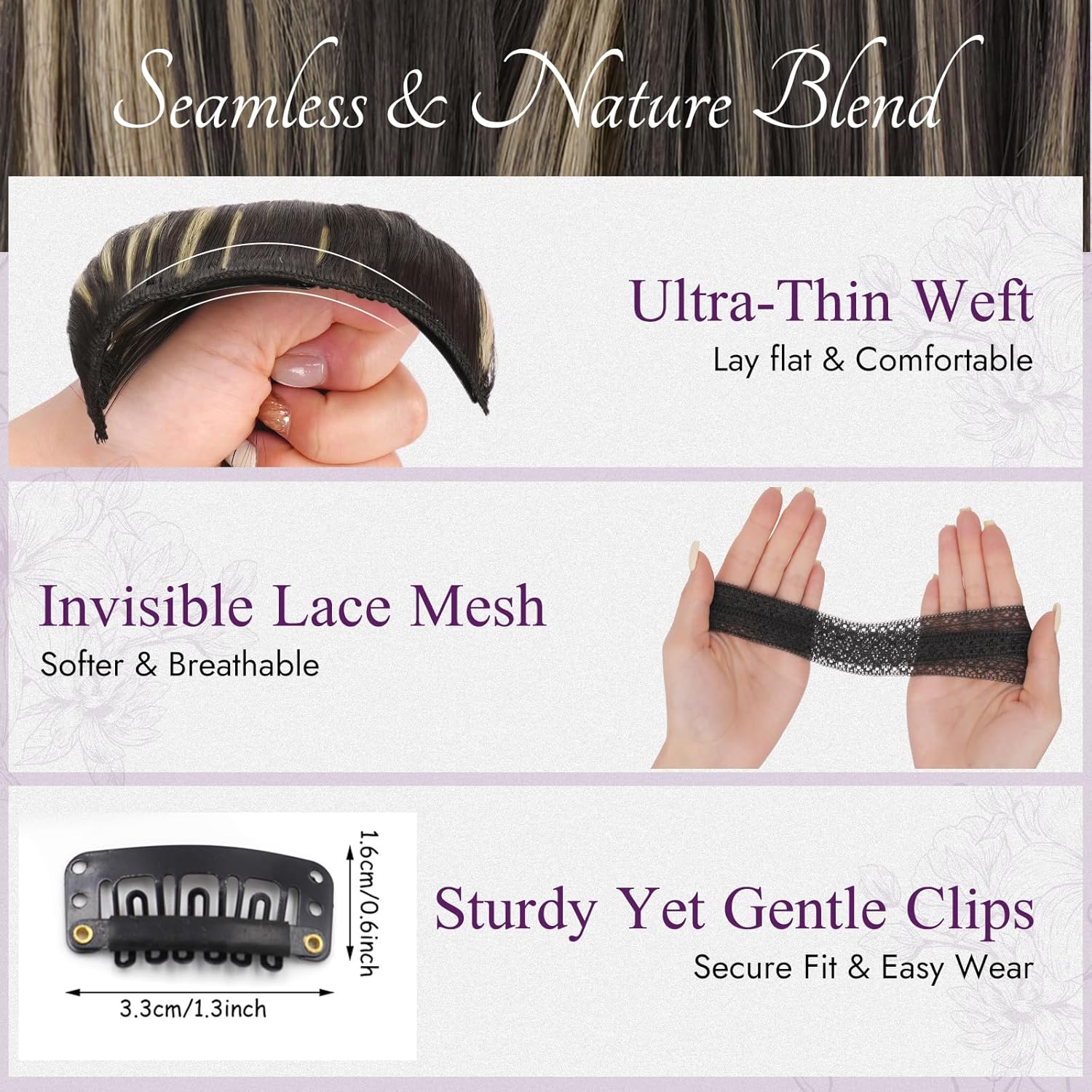 BARSDAR - Extensions cheveux synthétiques 50cm, ondulées, marron foncé blond, 5 pièces