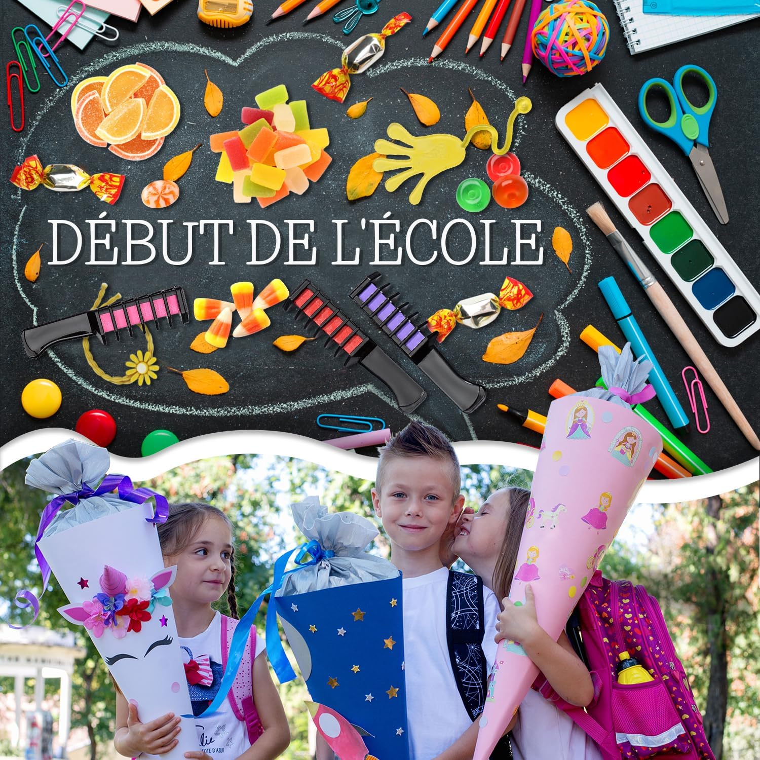 Magicat - Peigne à craie cheveux 10 couleurs, lavable, 5 élastiques