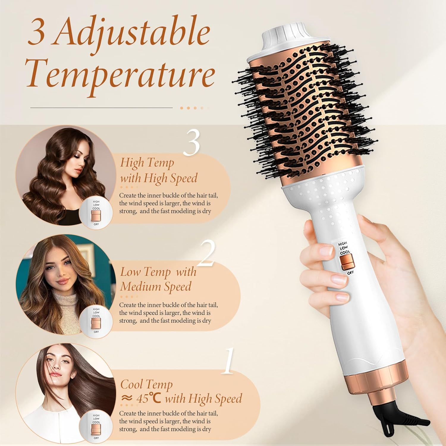 Brosse à boucler - 3 en 1, soin ionique, 3 températures, séchage volumisant