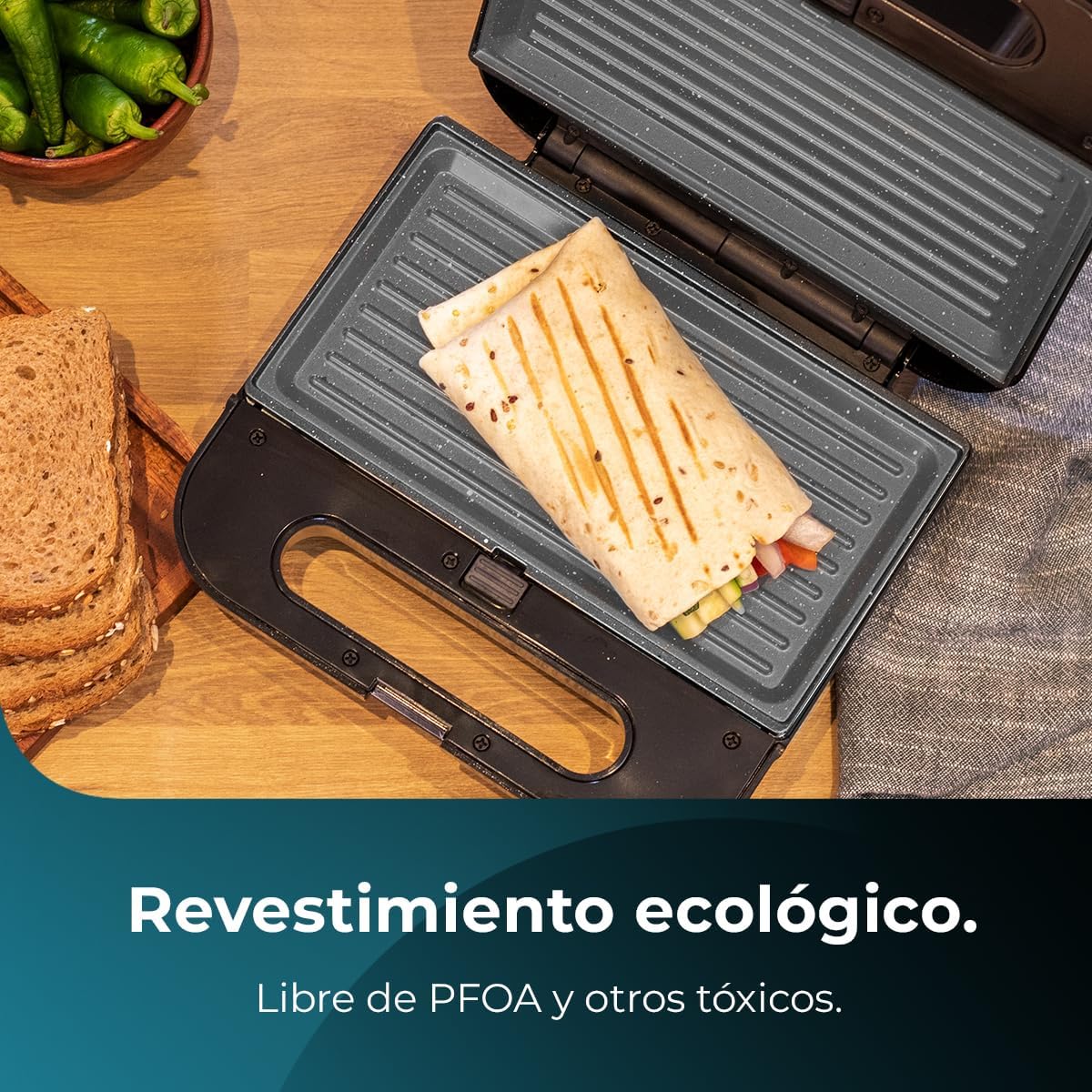 Cecotec - Rock'nToast Grill+ - inox, 800W, revêtement pierre, sans PFOA