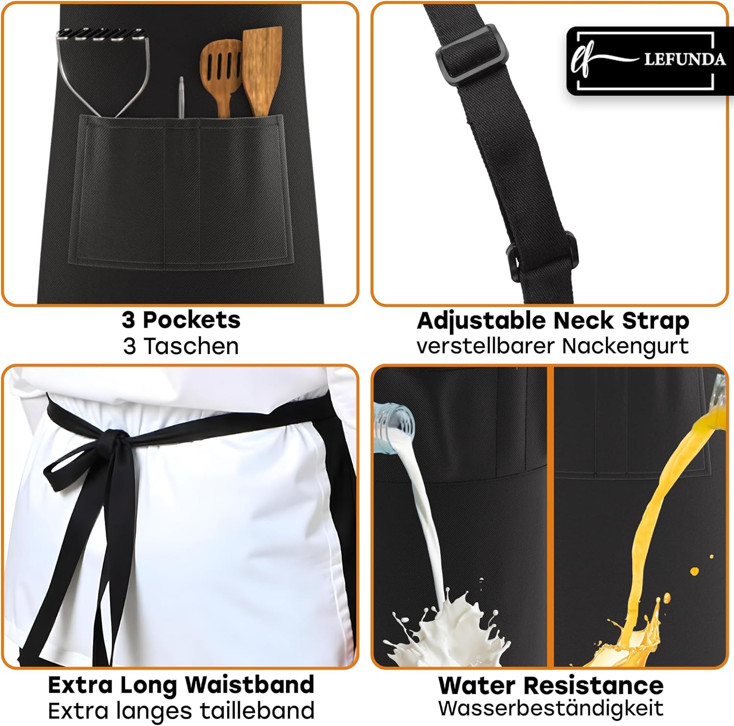 LEFUNDA - tablier cuisine étanche 3 poches, réglable longues lanières