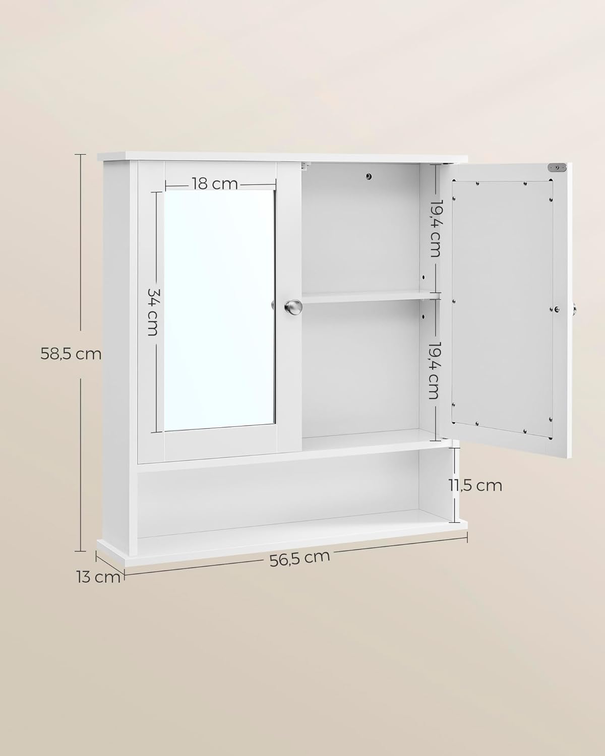 VASAGLE - armoire murale salle de bain, miroir, étagère réglable, 13x56,5x58,5 cm - LHC002