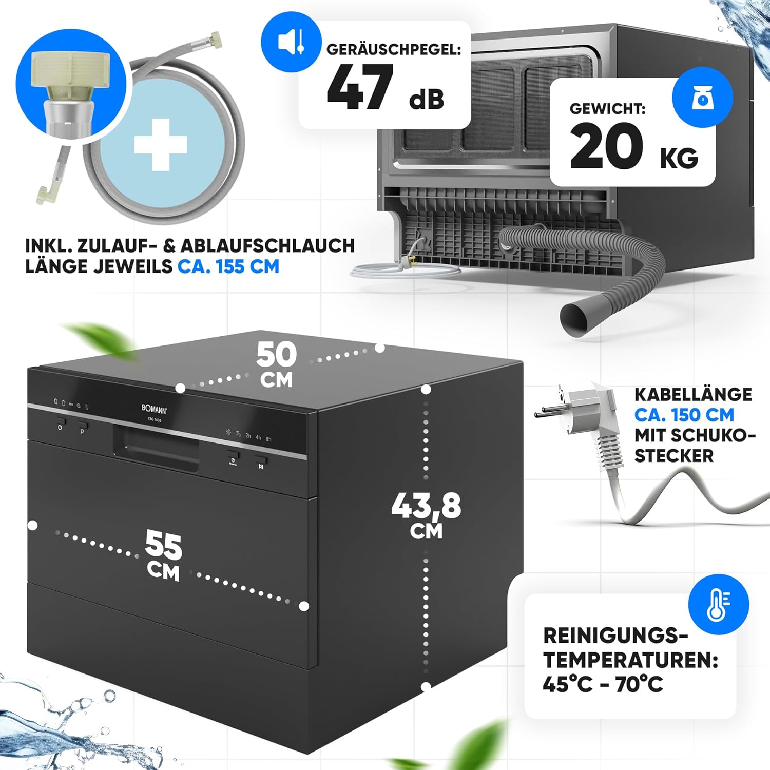 Bomann - Lave-vaisselle compact - design élégant, 6 réglages, 47 dB, TSG7405