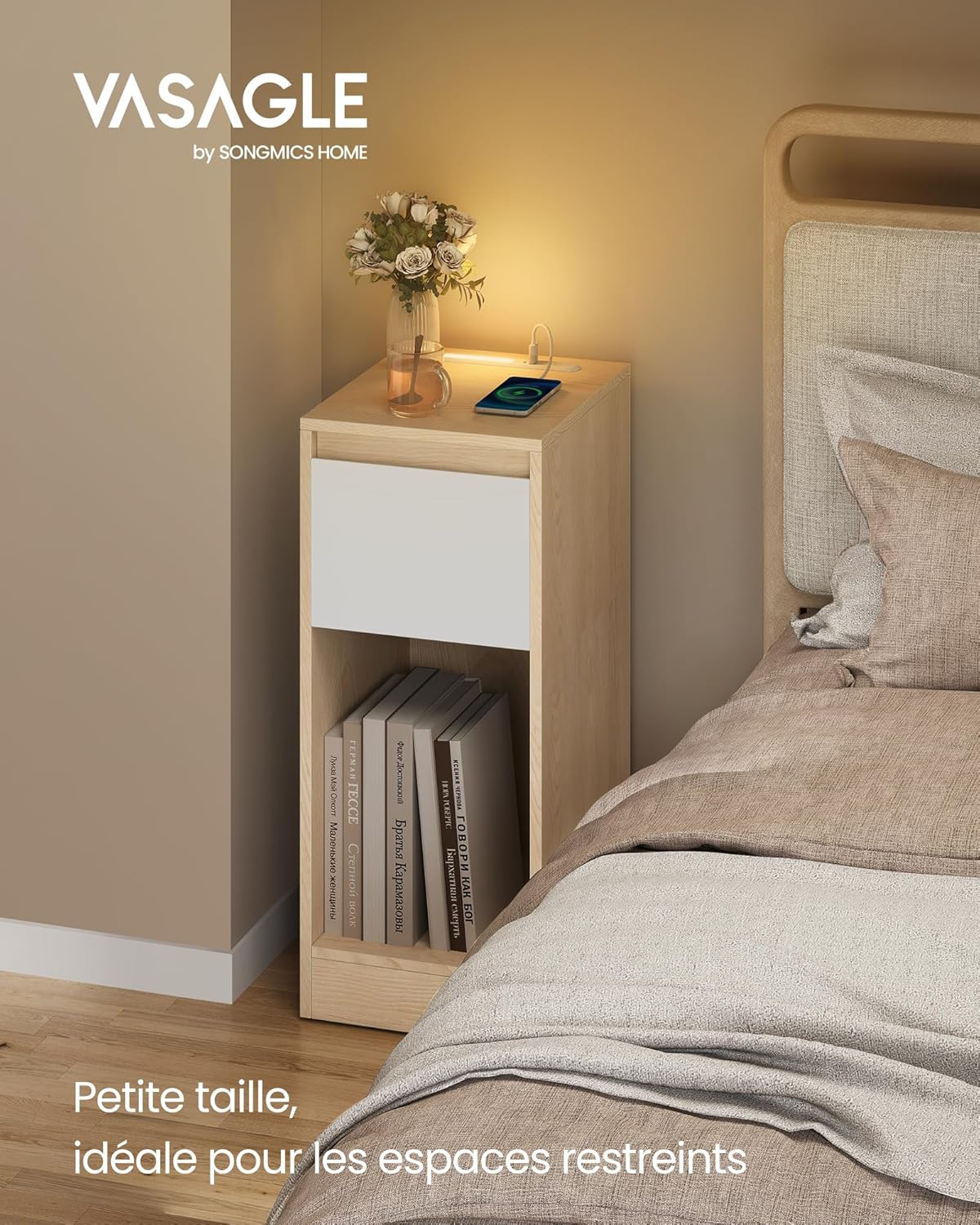 VASAGLE - Lot de 2 tables de chevet LED, tiroirs, ports USB, 40x35x66 cm - LET710Y01