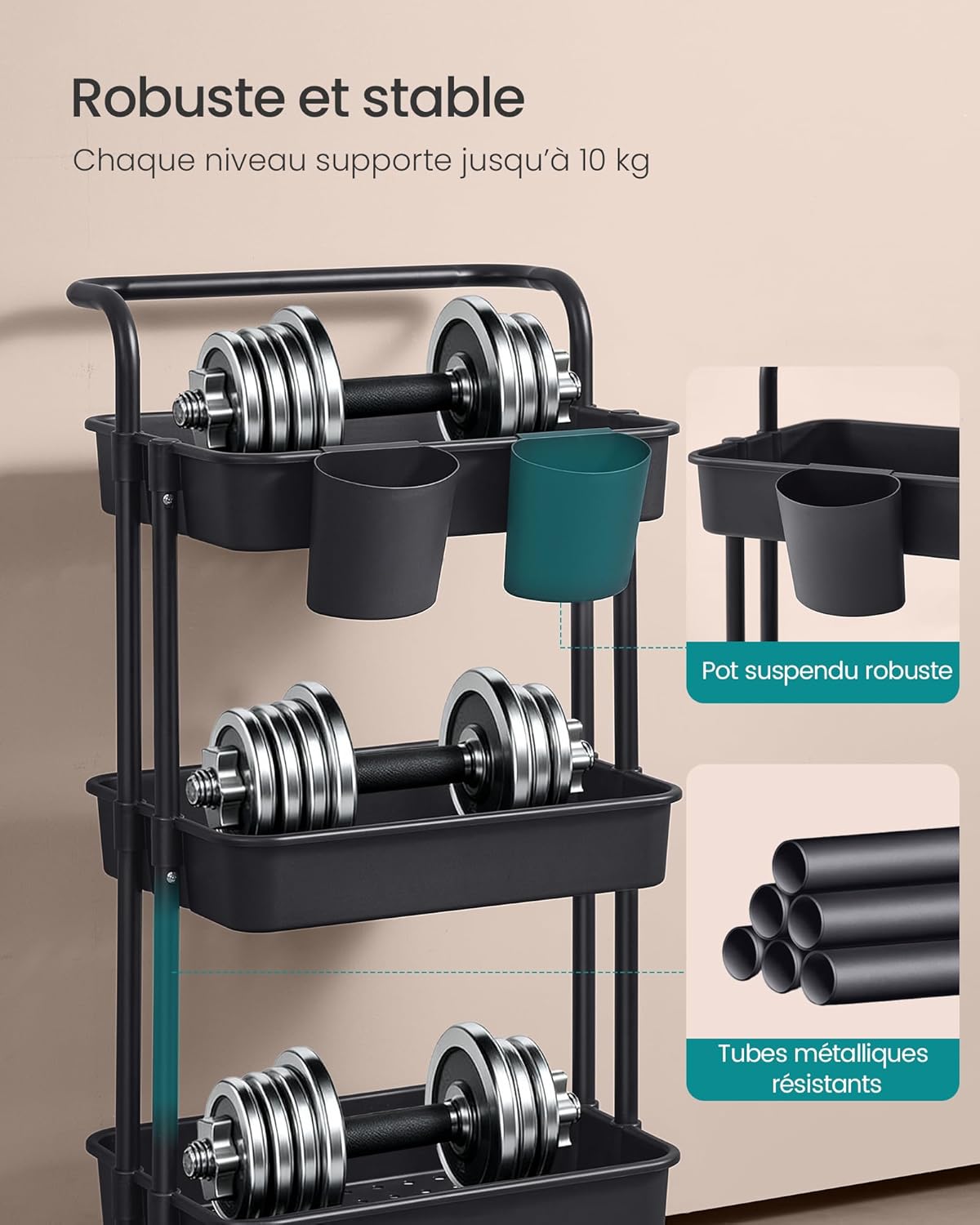 SONGMICS - Chariot roulant 3 niveaux acier/plastique, poignée, organisateurs, noir - BSC067B01