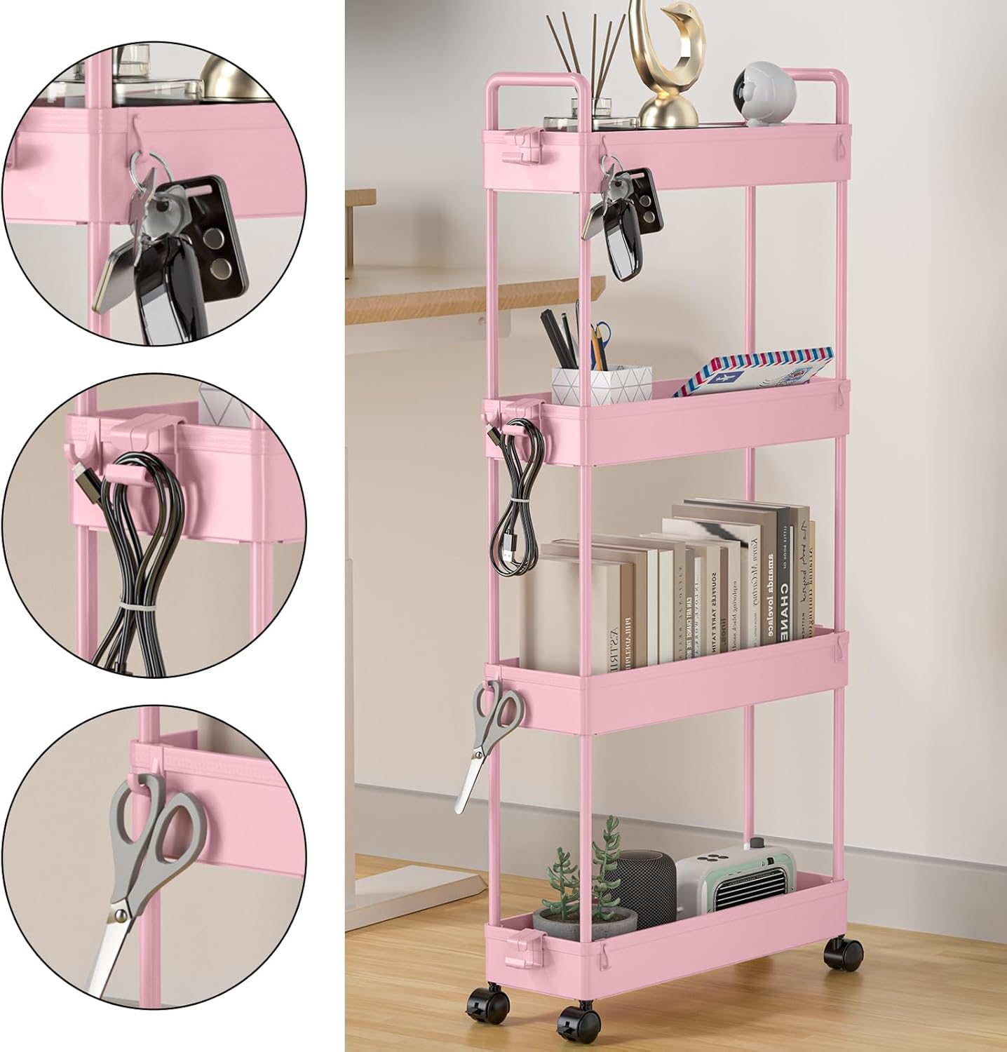 SOLEJAZZ - chariot de rangement 4 niveaux, roulettes, étroit, rose