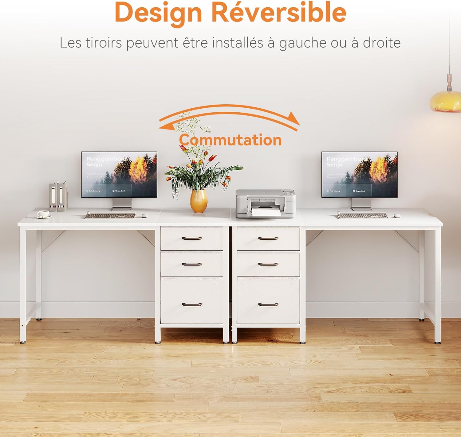 Coleshome - bureau 3 tiroirs tissu, 100x48cm, réversible, porte-casque