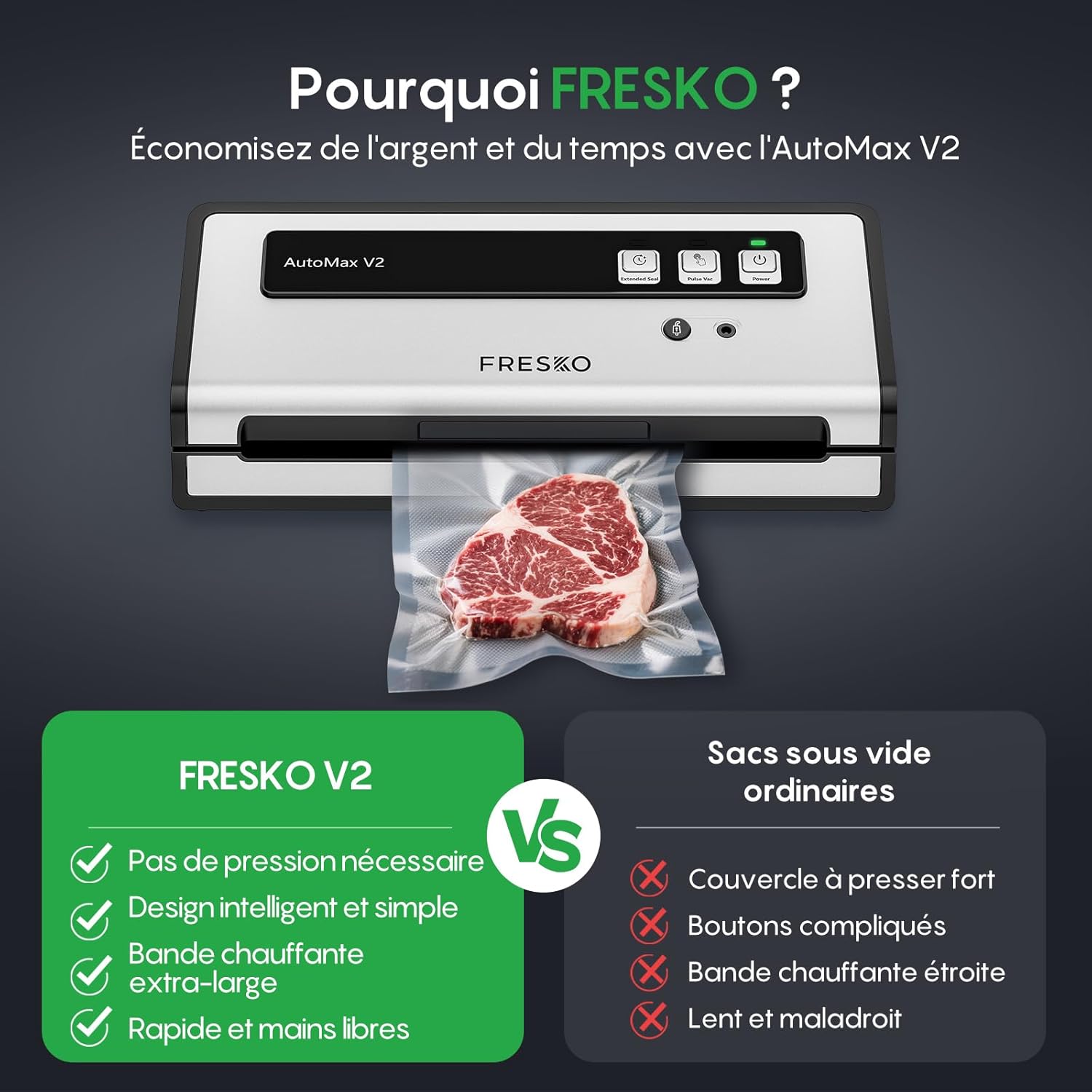 FRESKO - Machine sous vide automatique, 140W, double thermoscellage, 10 sacs, une main