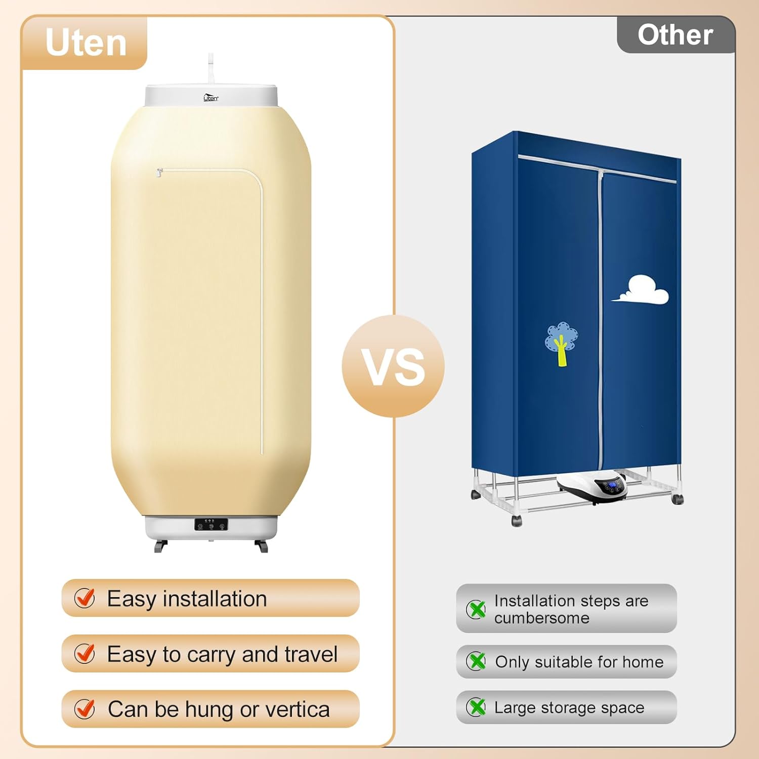 Uten - Sèche-linge portable amovible - 600W - minuterie, usage suspendu ou posé