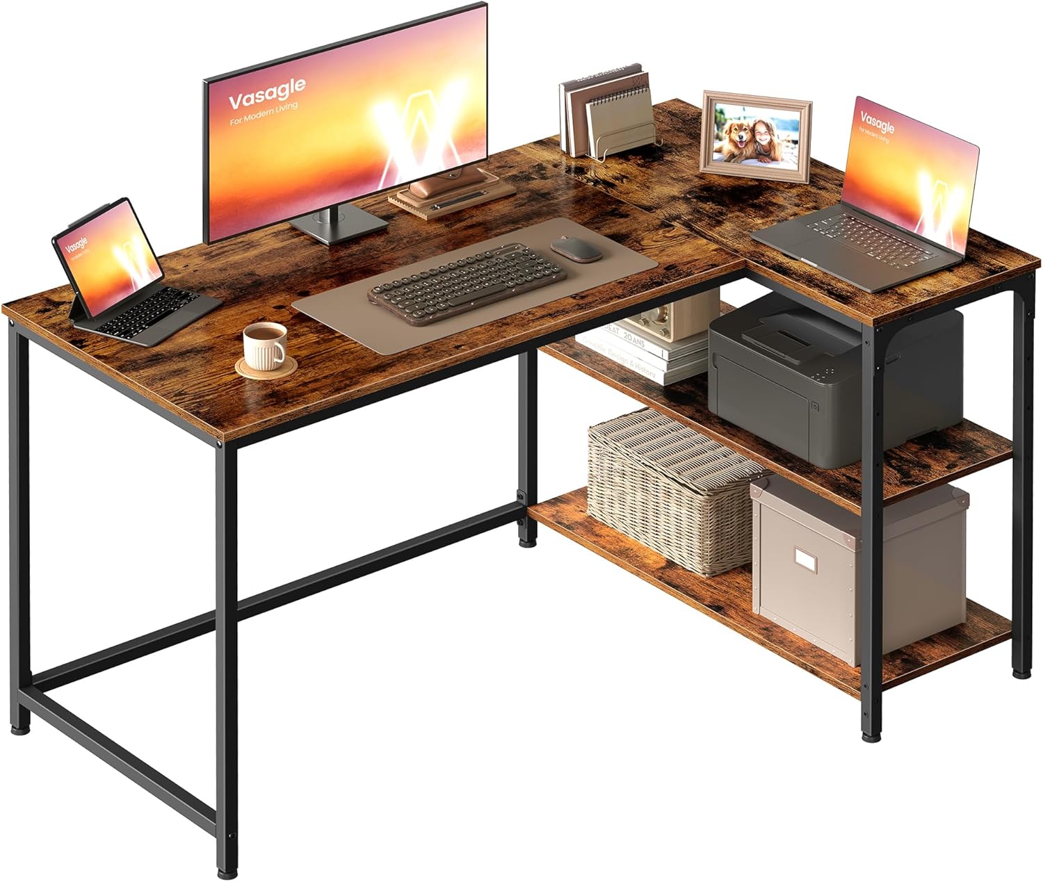 VASAGLE - Bureau Gaming L - 120x80 cm - rangement, étagères réglables - LWD136KD01