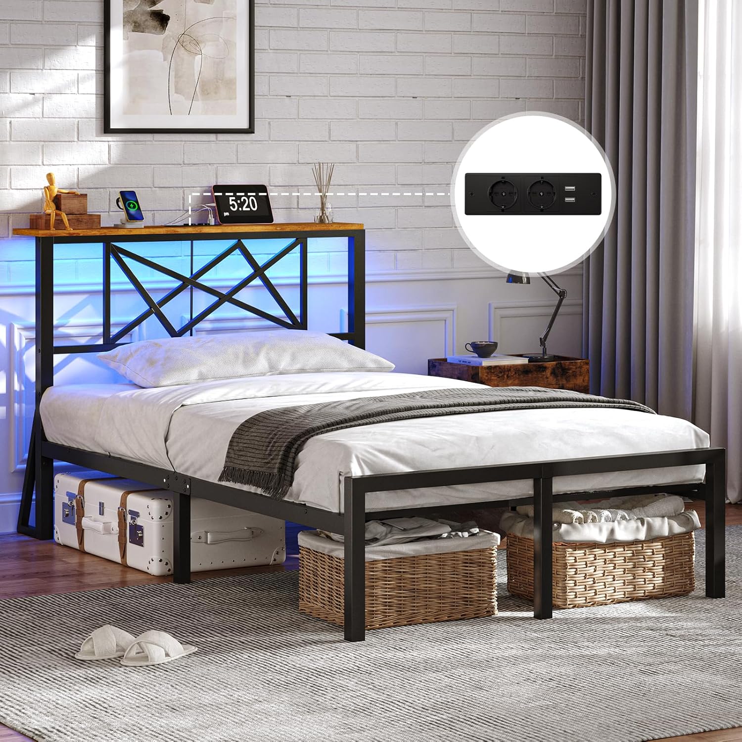 DICTAC - Lit métal LED, 90x200 cm, tête LED, ports USB, rangement