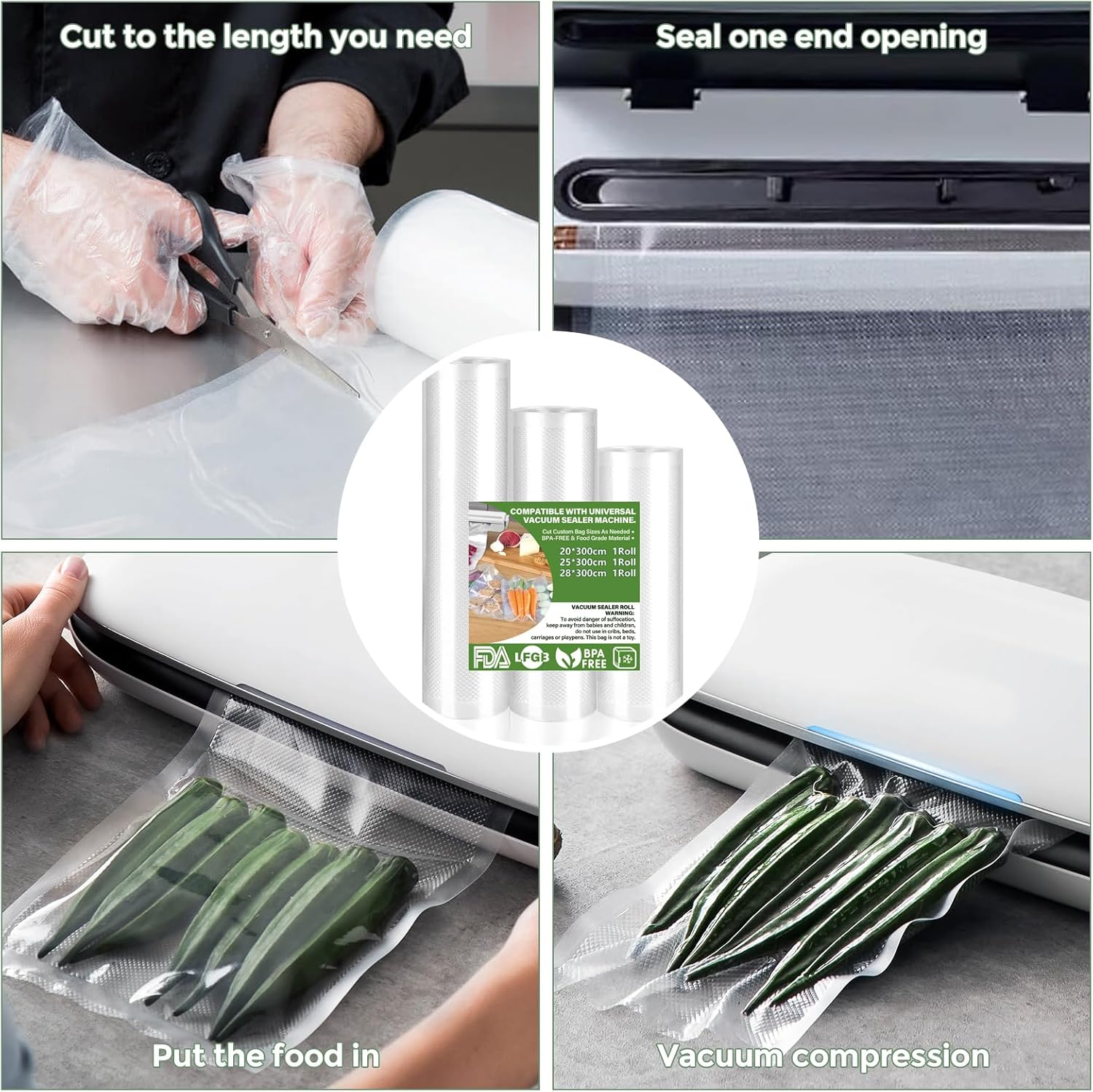 Sac sous vide alimentaire - pack 6 rouleaux - 28/25/20x300cm - sans BPA