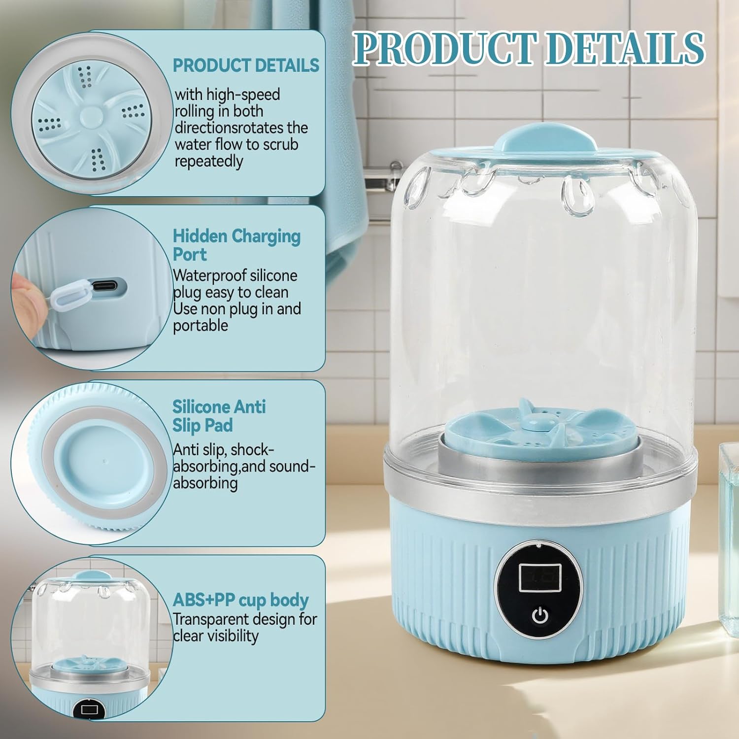 Mini machine à laver portable - 2 modes, 15W - compacte, bleue, mobile, idéale bébé et voyage