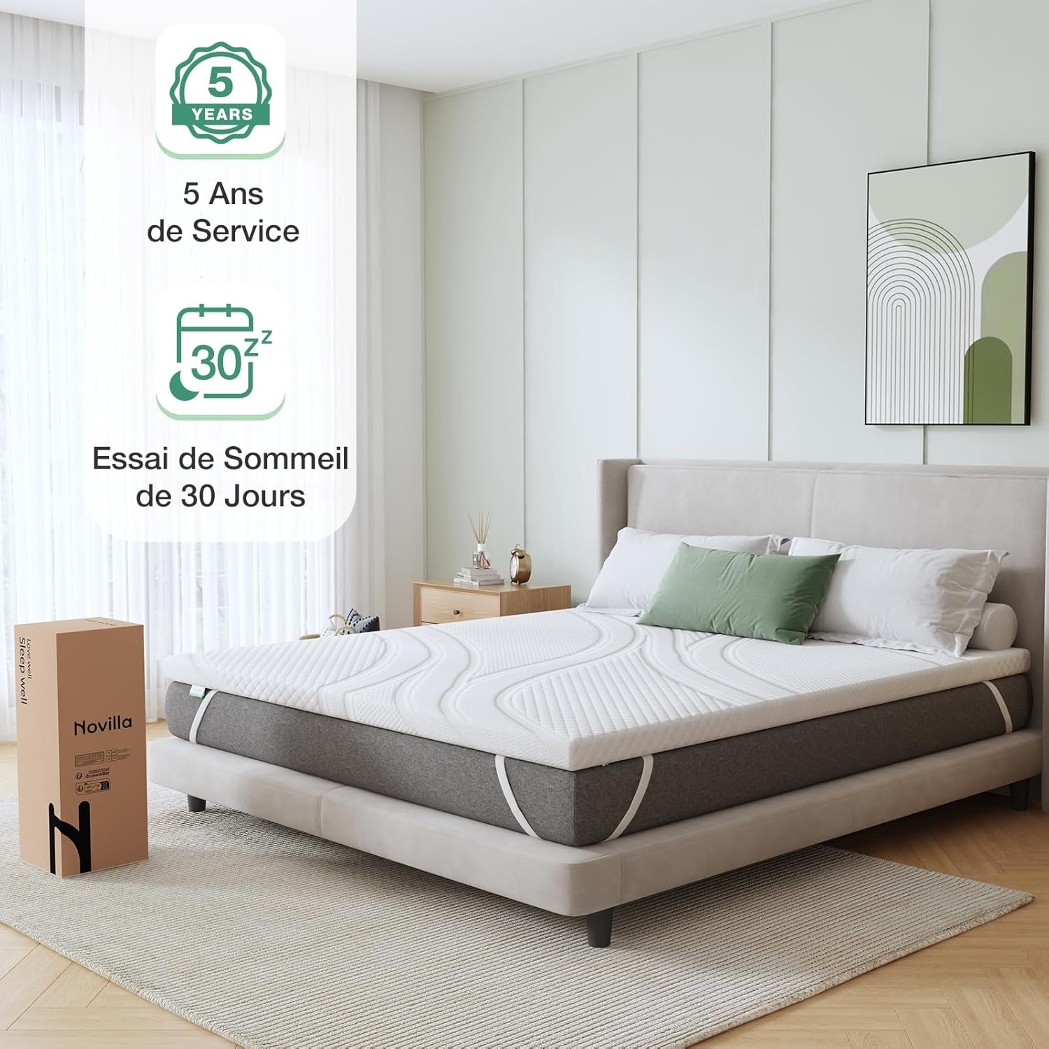 Novilla - surmatelas 7,5cm 150x190 - mémoire de forme, gel, antidérapant, lavable
