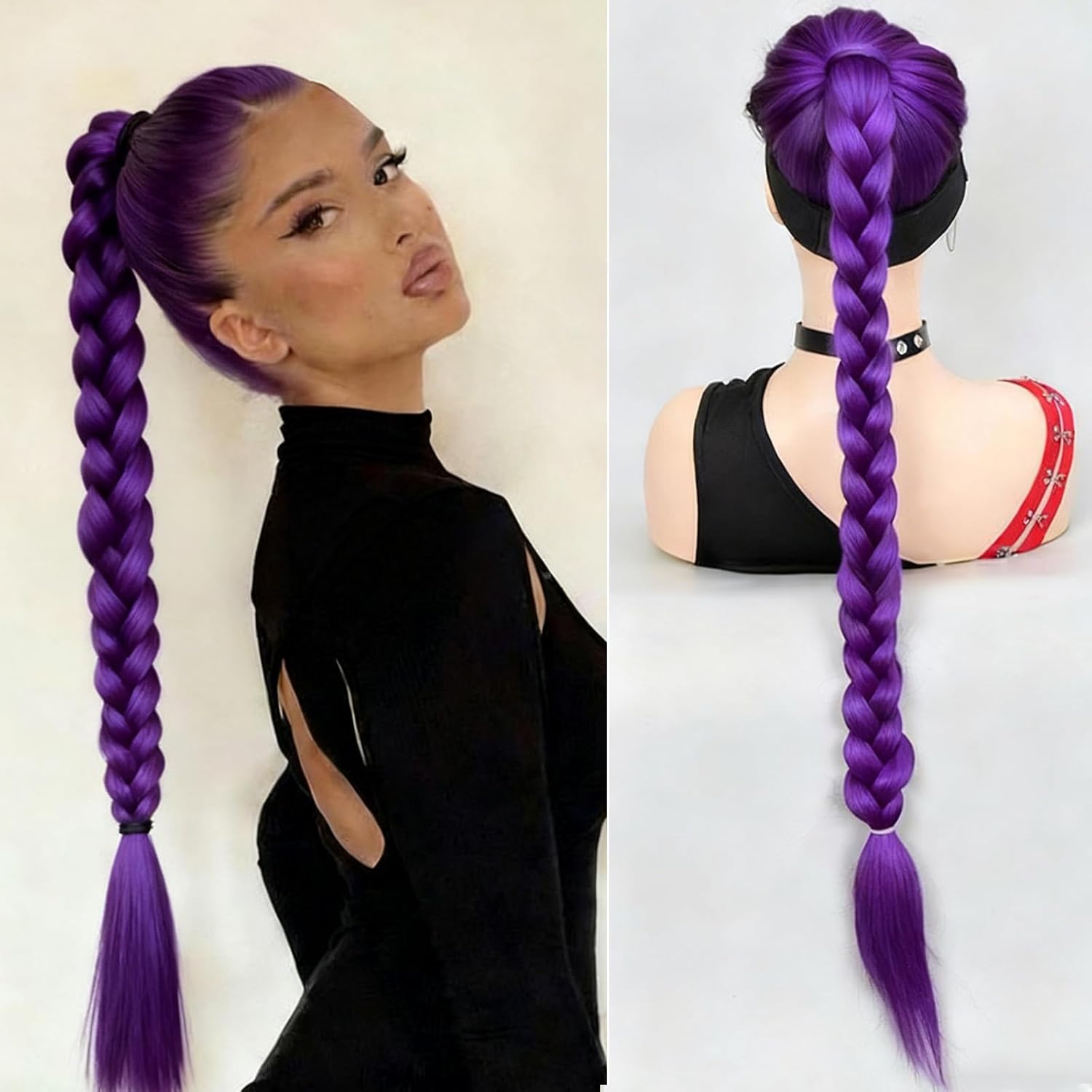 Extensions de cheveux - queue de cheval violette 24 pouces, pré-tressée, élastique, 100g, anneaux inclus