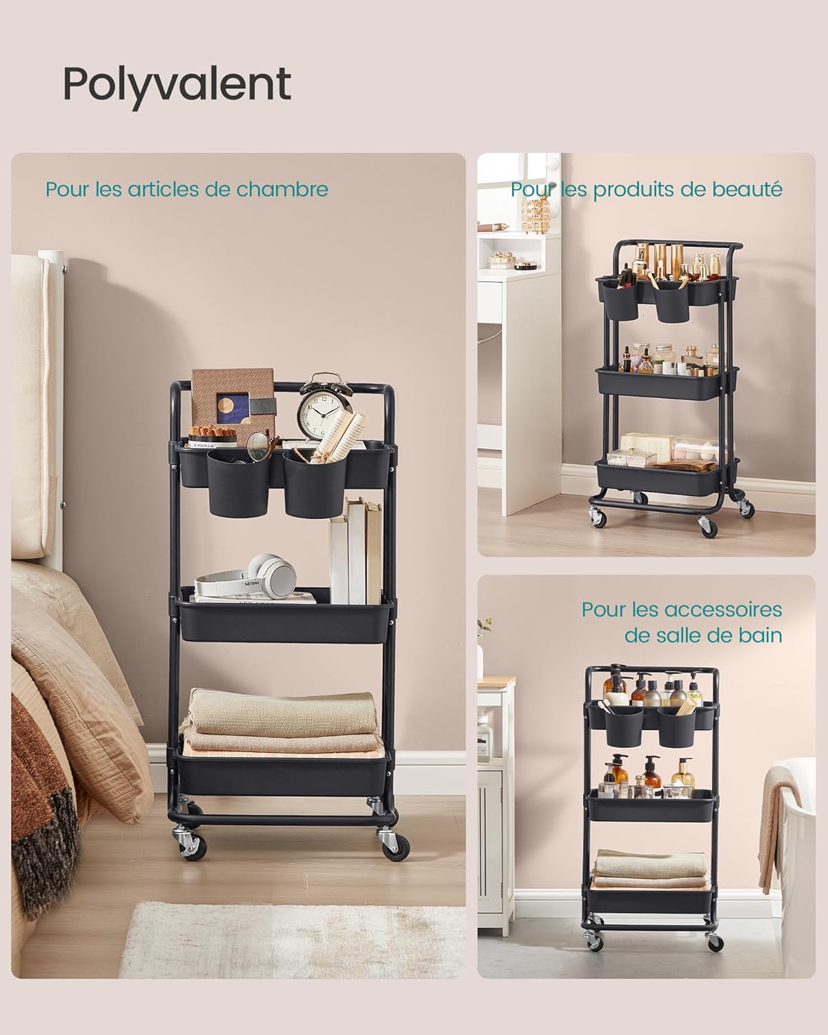 SONGMICS - Chariot roulant 3 niveaux acier/plastique, poignée, organisateurs, noir - BSC067B01