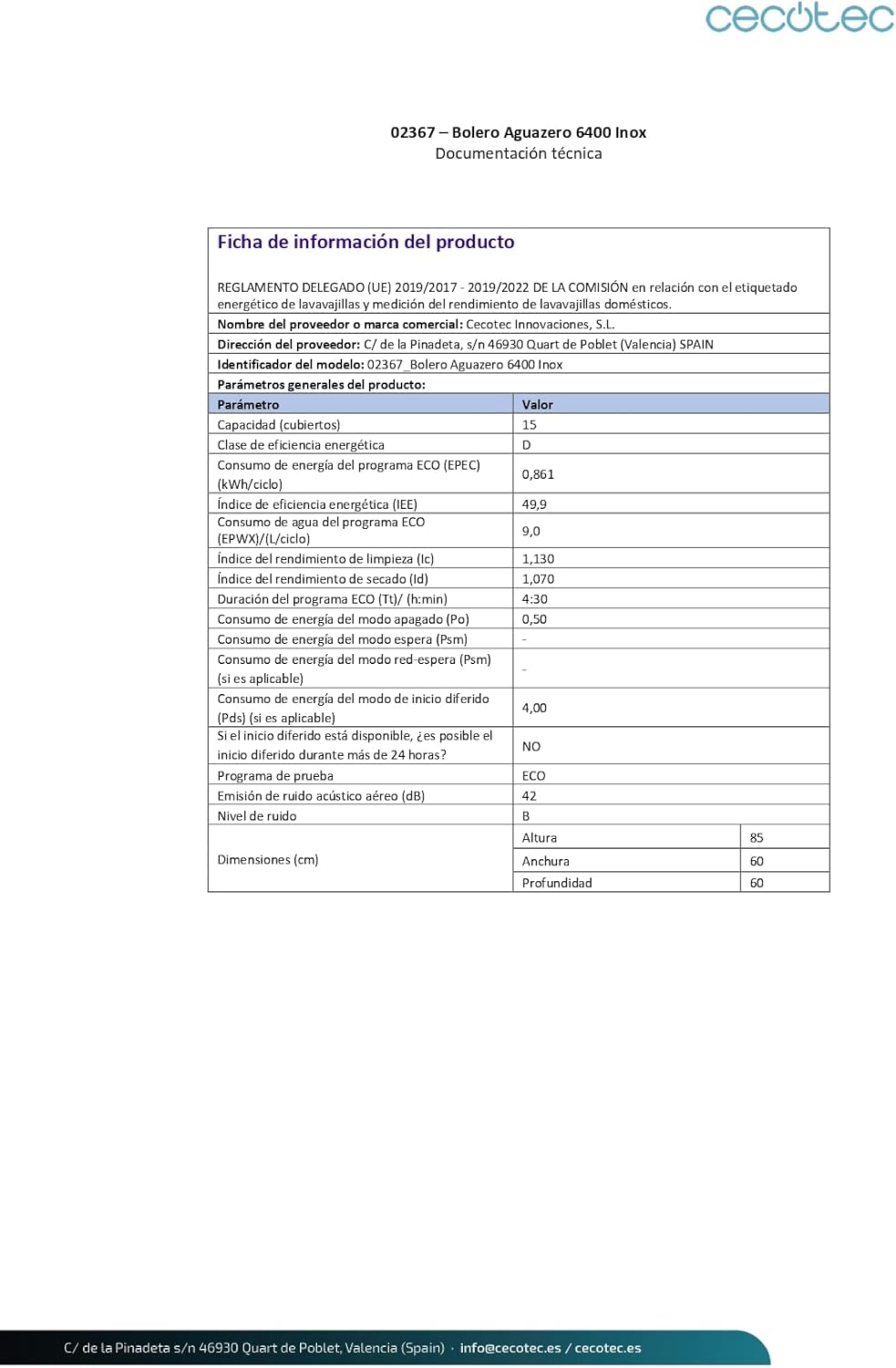 Cecotec - Bolero Aguazero 6400 Inox - 60 cm - 15 couverts, 8 programmes, 42 dB