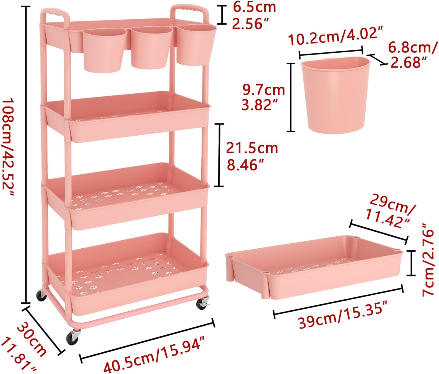 JIUYOTREE - chariot de rangement 4 niveaux, poignées, roulettes, gobelets, rose - JIUYOTREE
