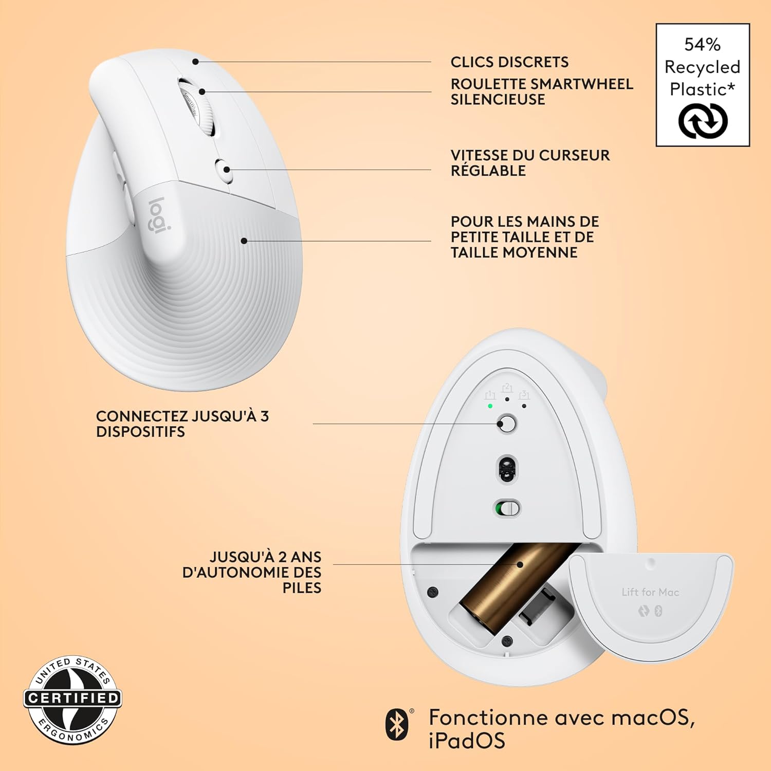 Logitech - Lift pour Mac - souris verticale compacte - ergonomique, 4 boutons, Bluetooth