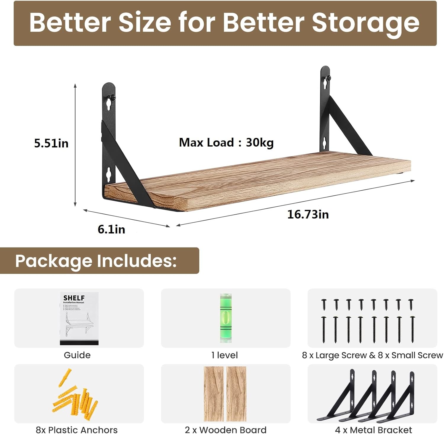 AGM - étagères murales bois, 42,5x15cm, lot de 2, multi-pièces