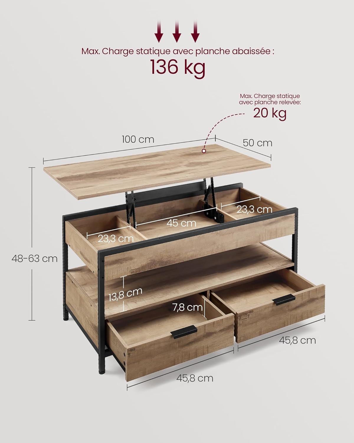 VASAGLE - Table basse, plateau relevable, rangements, marron/noir, LCT209K02