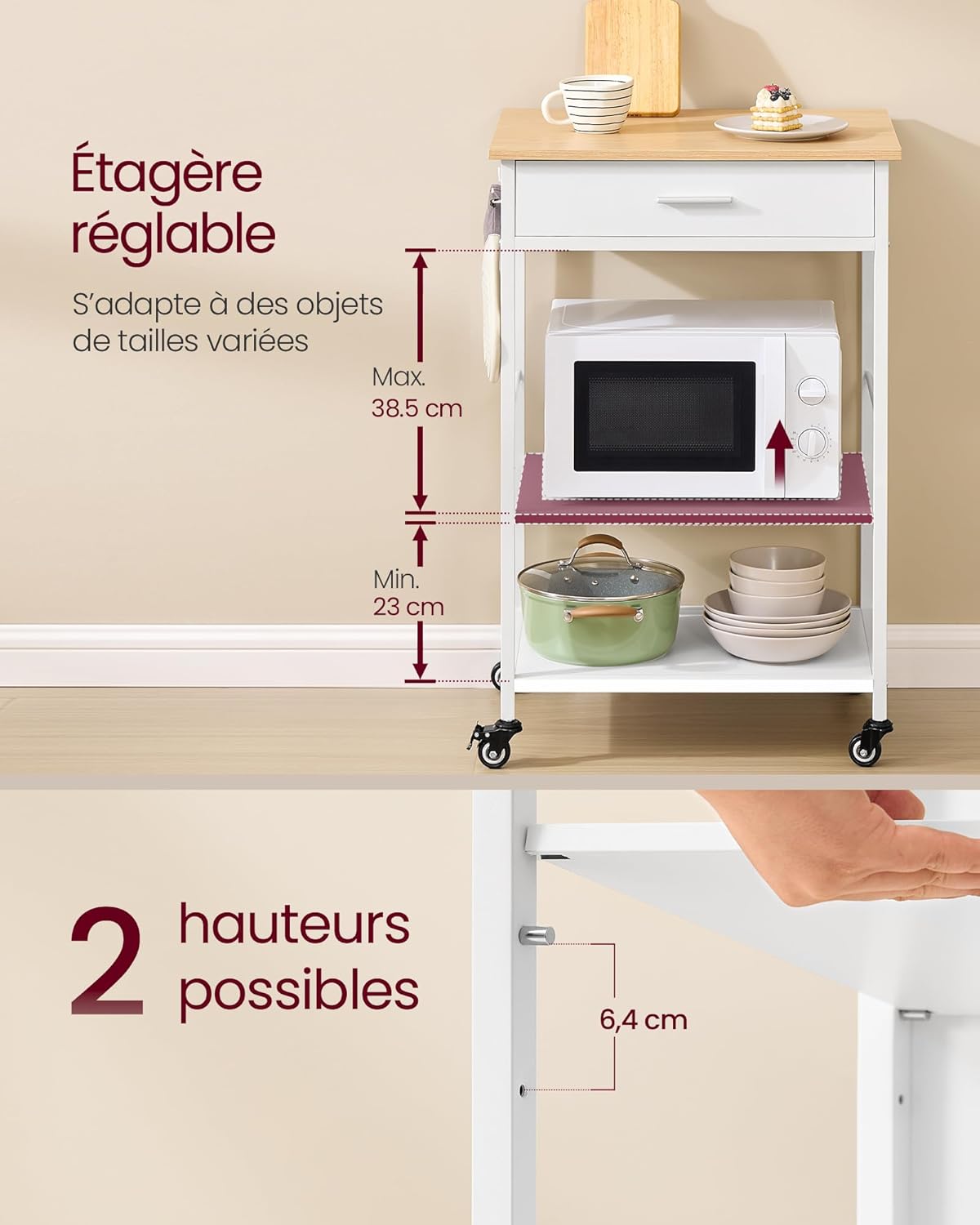 VASAGLE - desserte cuisine mobile - 45x60x90 cm - tiroir, crochets, KKI007Y01