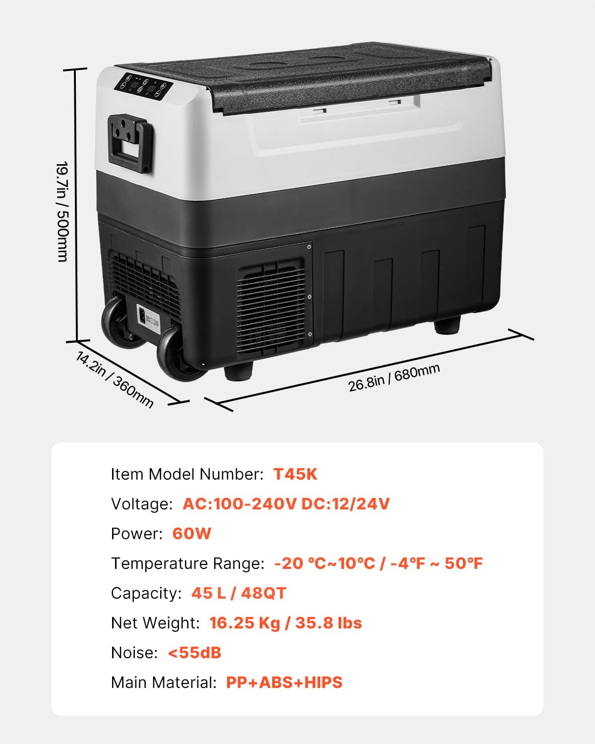 VEVOR - Glacière portable 45L - double zone, -20°C à 10°C, 0,6 kWh, 12/24V, 100-240V