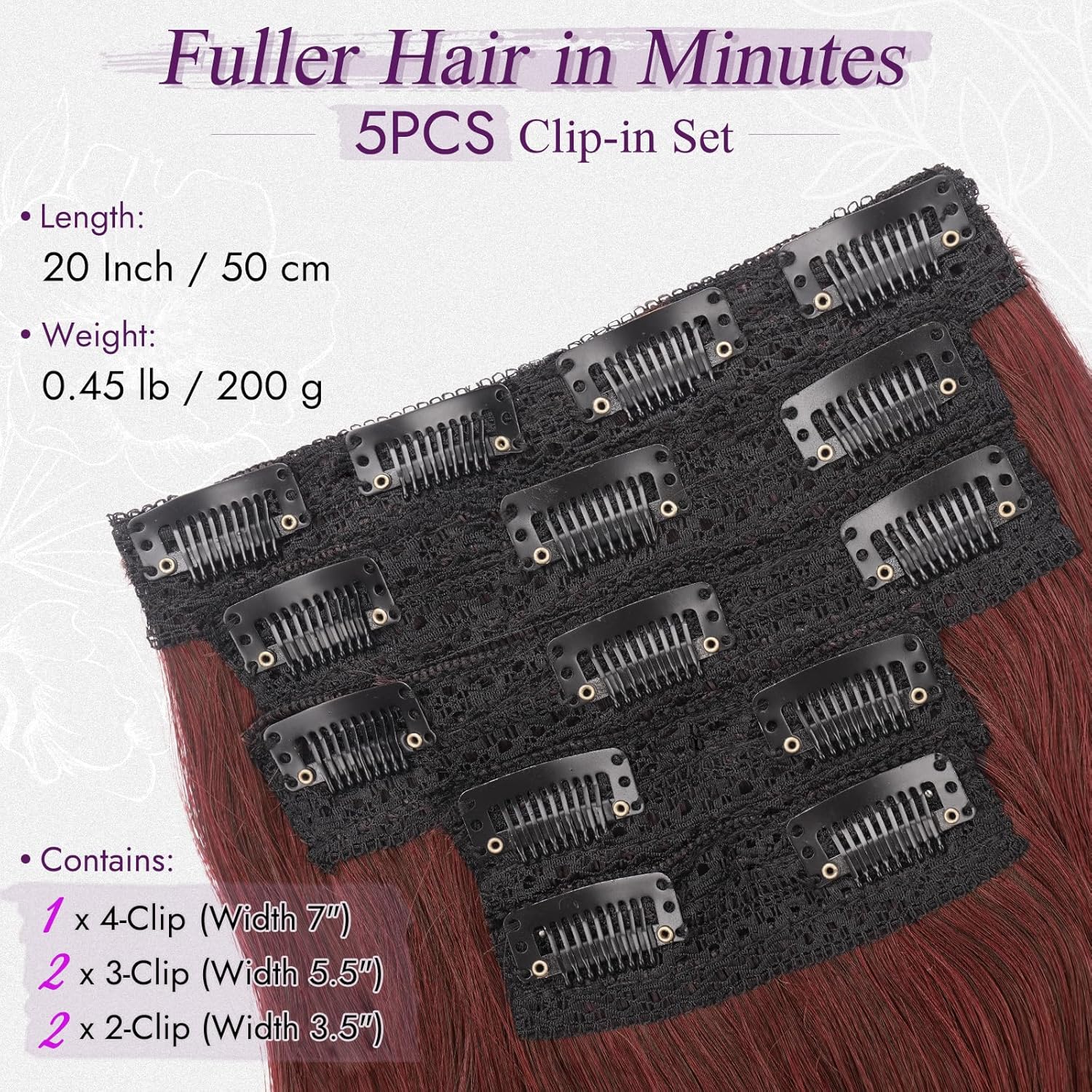 BARSDAR - Extensions à clips série ondulée - 50cm - Rouge Auburn foncé, 5pcs synthétique naturel