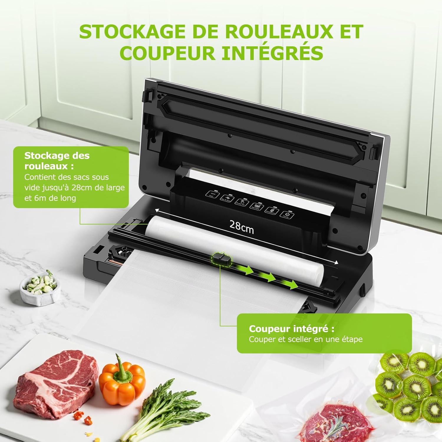 Bonsenkitchen - VS3000 - compacte - 5 modes, cutter, 10 sacs, rouleau