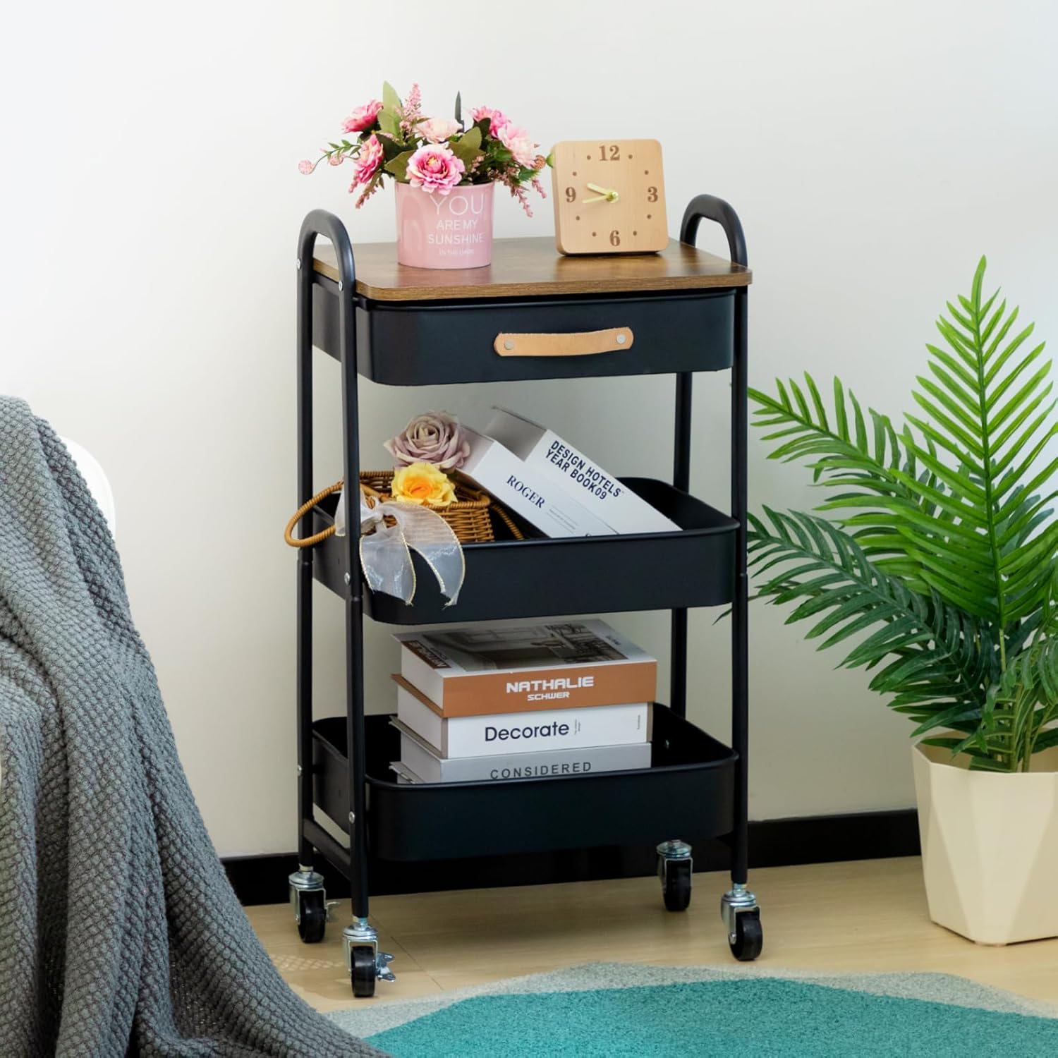 DOEWORKS - chariot 3 niveaux métal avec tiroir, roues, cuisine/bureau, noir