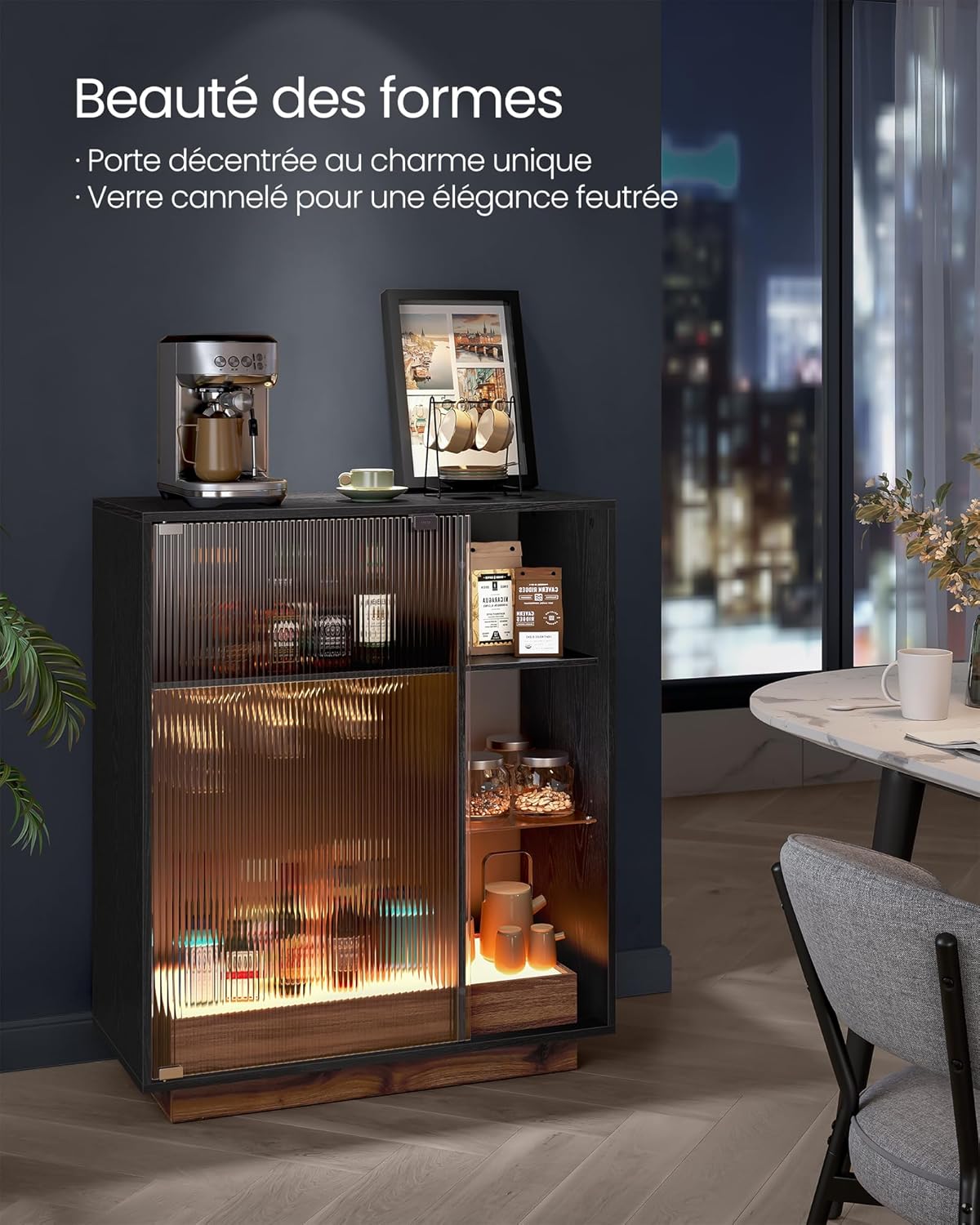 VASAGLE - bar à vin LED, porte-verre, porte vitrée, 100x40x80 cm - BBK361B21