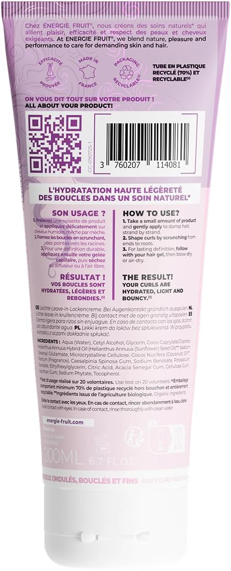 Energie Fruit - Crème Coiffante 200ML - hydratation, boucles, anti-frisottis, 98% naturel