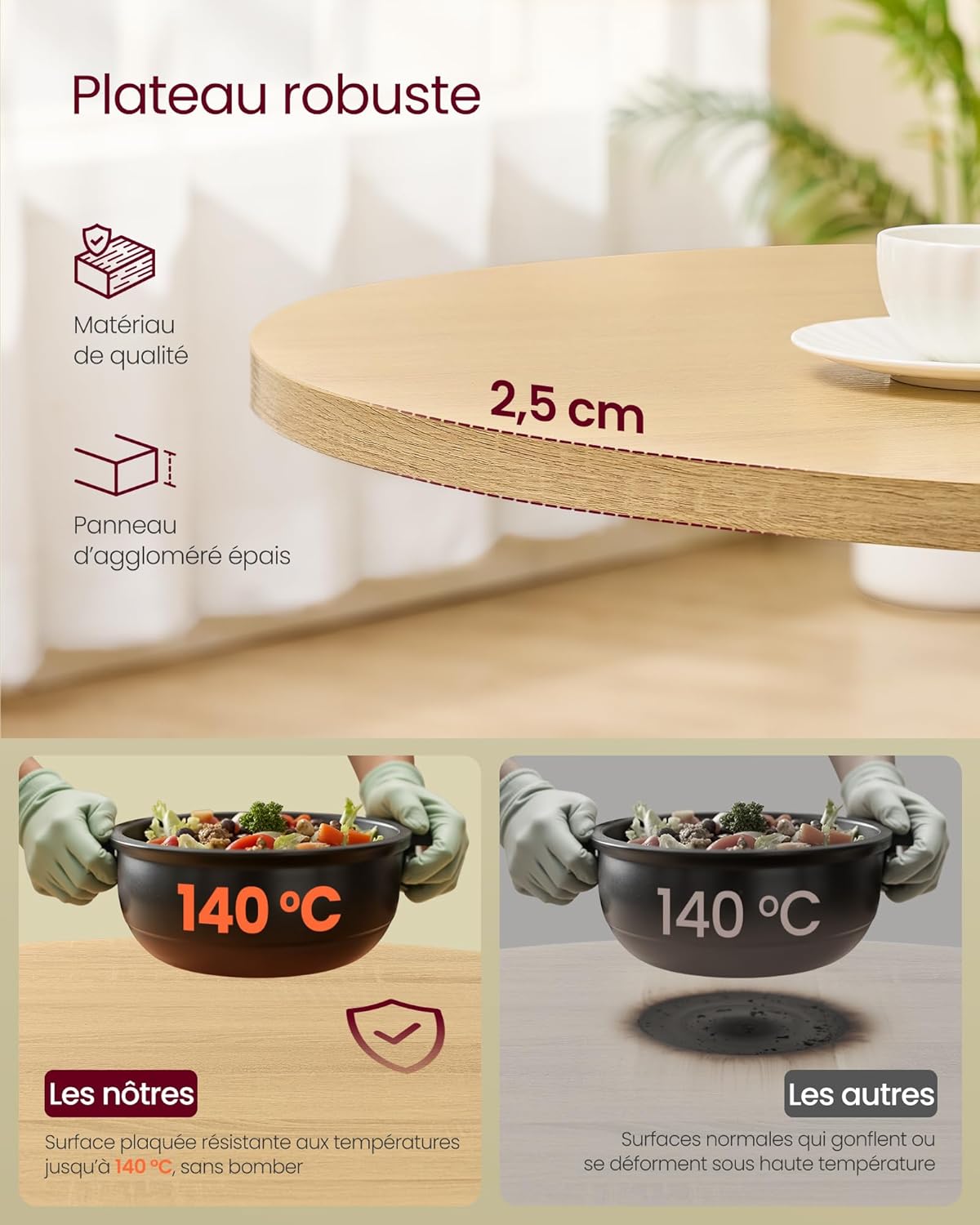 VASAGLE - table ronde (série cuisine) - 80x74,8 cm - résistant à l'eau, style campagnard - KDT082Y02