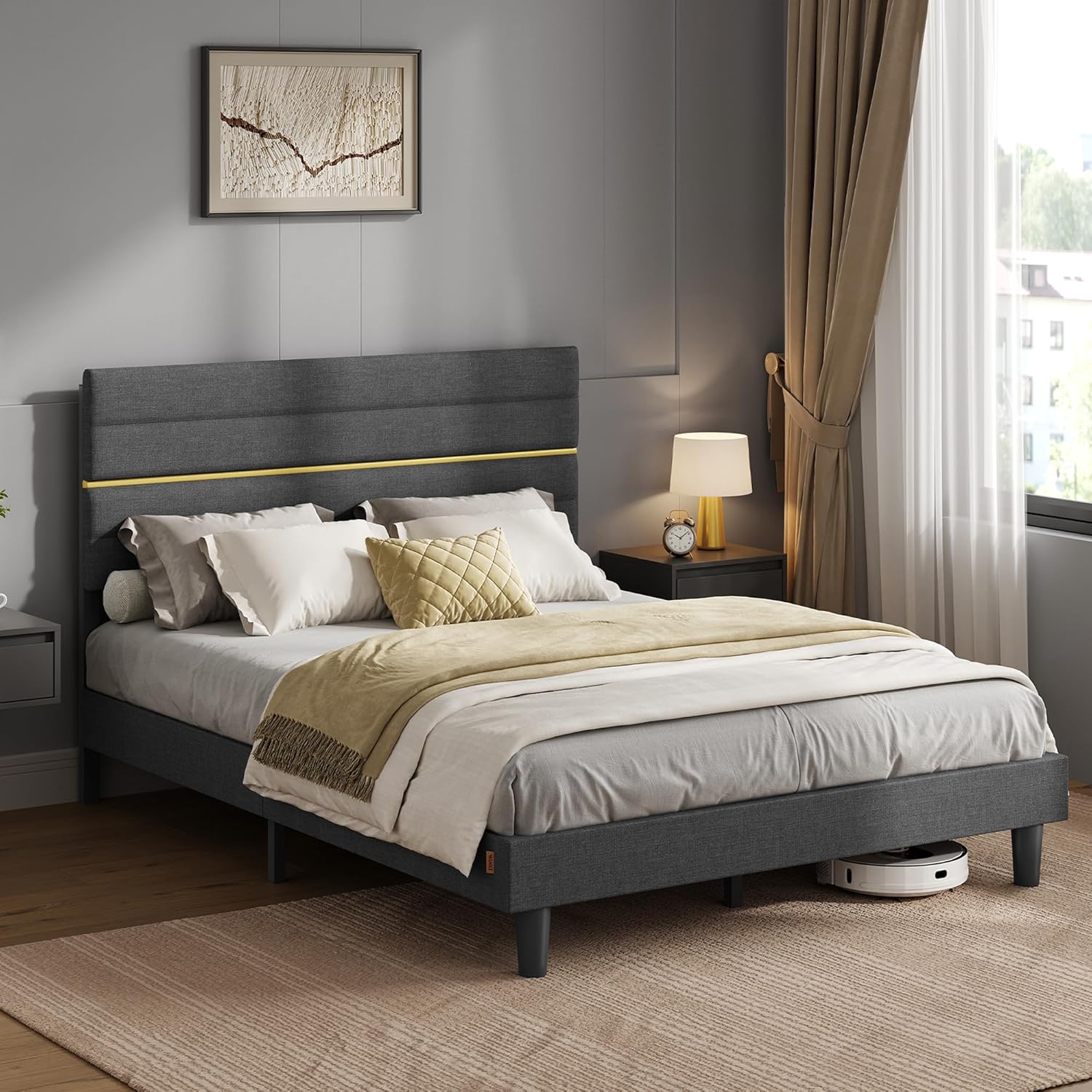 VASAGLE - lit double série RMB503G01 - 140x190 cm - métal, bois massif, tête de lit ajustable, gris ardoise RMB503G01