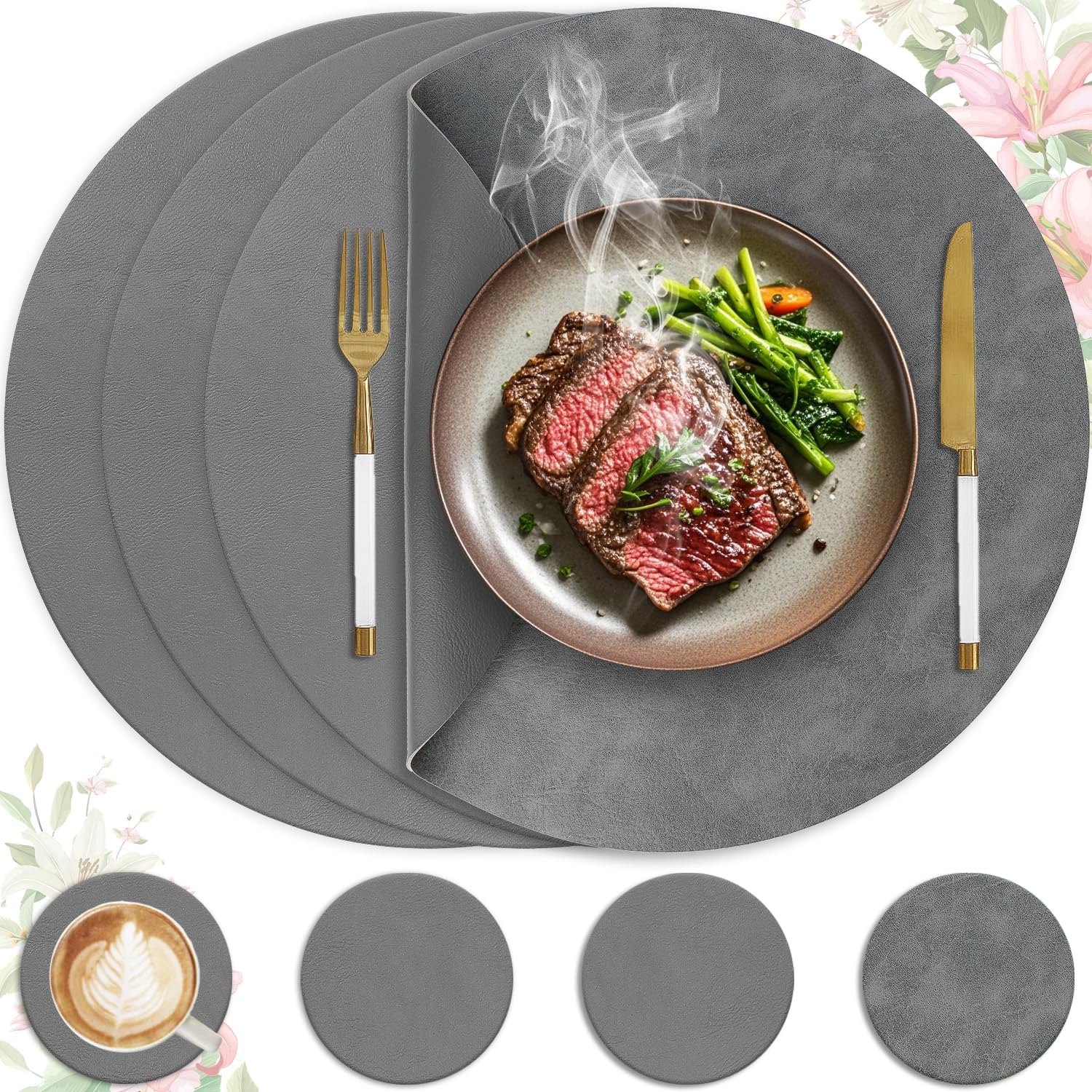 Set de table - lot de 4, PU double face, 36x36cm, lavable, antidérapant