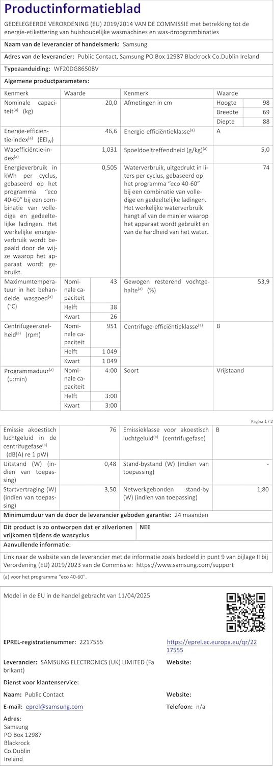 SAMSUNG - lave-linge frontal série 8000 - grande capacité, vapeur, 60x85x65 cm - WF20DG8650BV
