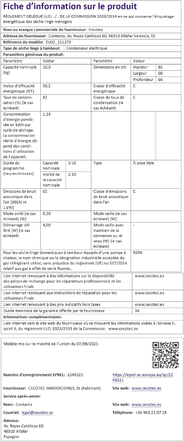 Cecotec - sèche-linge 10kg, pompe à chaleur, A+++, 14 programmes, UV, Bolero Dresscode Dry 10505