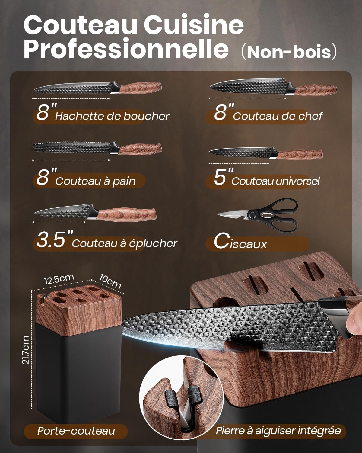 Set couteaux cuisine - 7 pièces, inox, manches ergonomiques, avec bloc