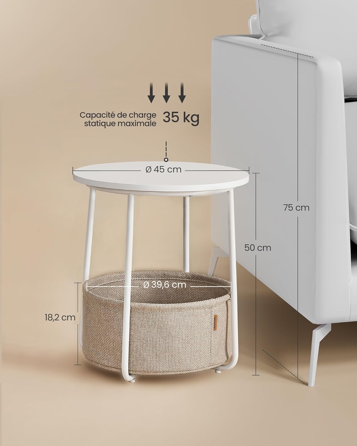 VASAGLE - Table basse ronde LET223W10 - compacte, panier tissu, blanc mat, marron, moderne, salon/chambre