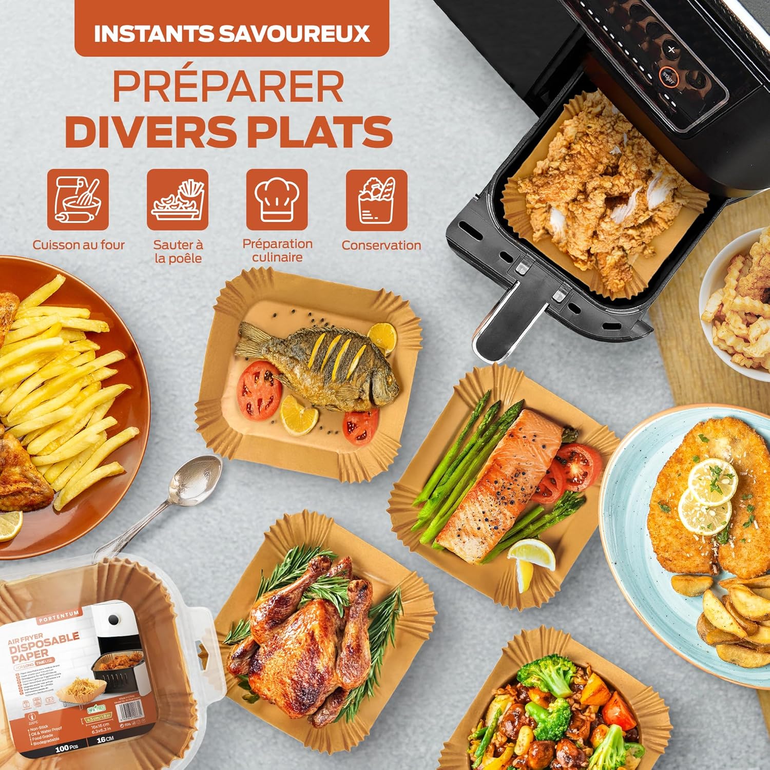 PORTENTUM - papier cuisson air fryer - 20x24cm - 100 pièces sans BPA