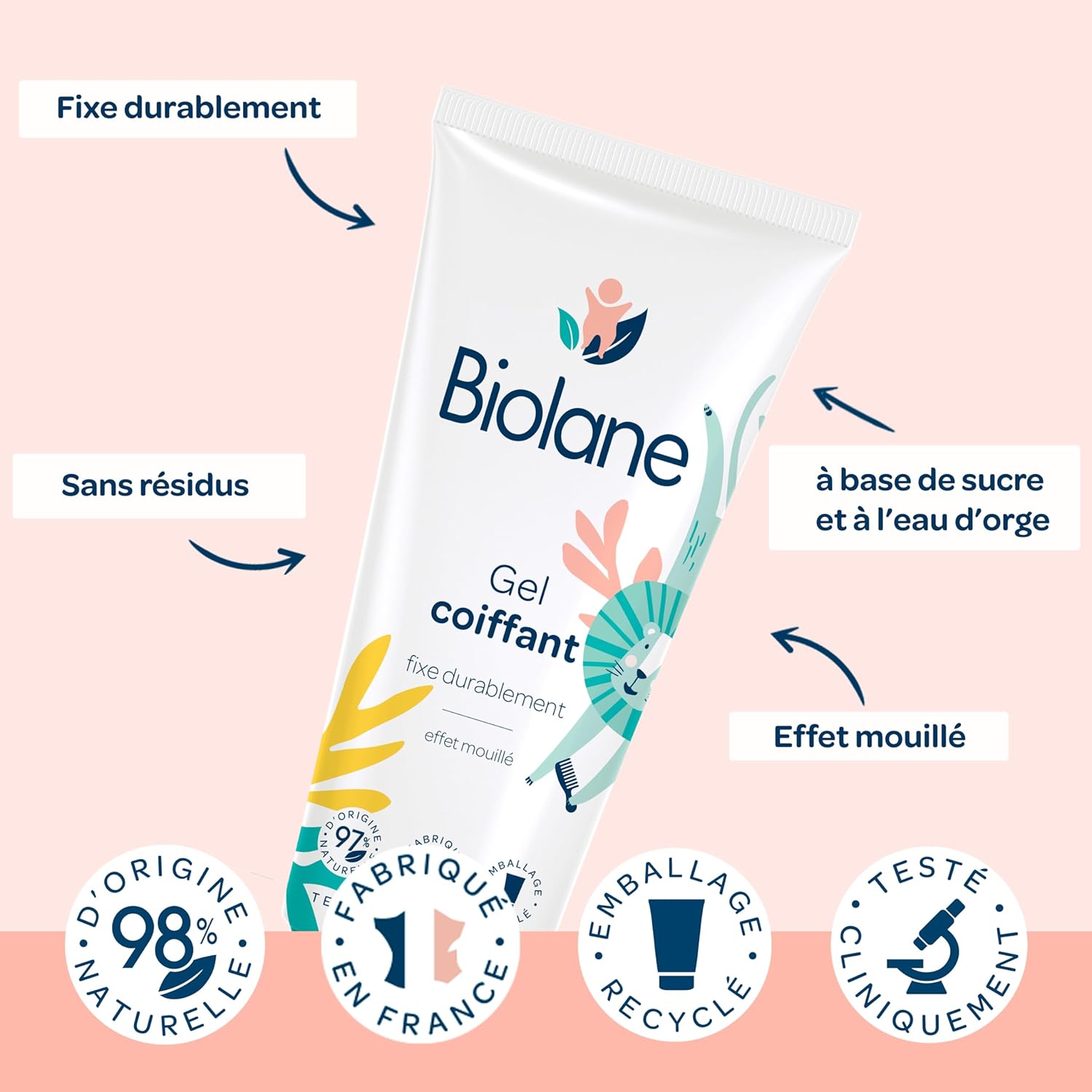 Biolane - Gel coiffant bébé, 100ml, effet mouillé, ingrédients naturels
