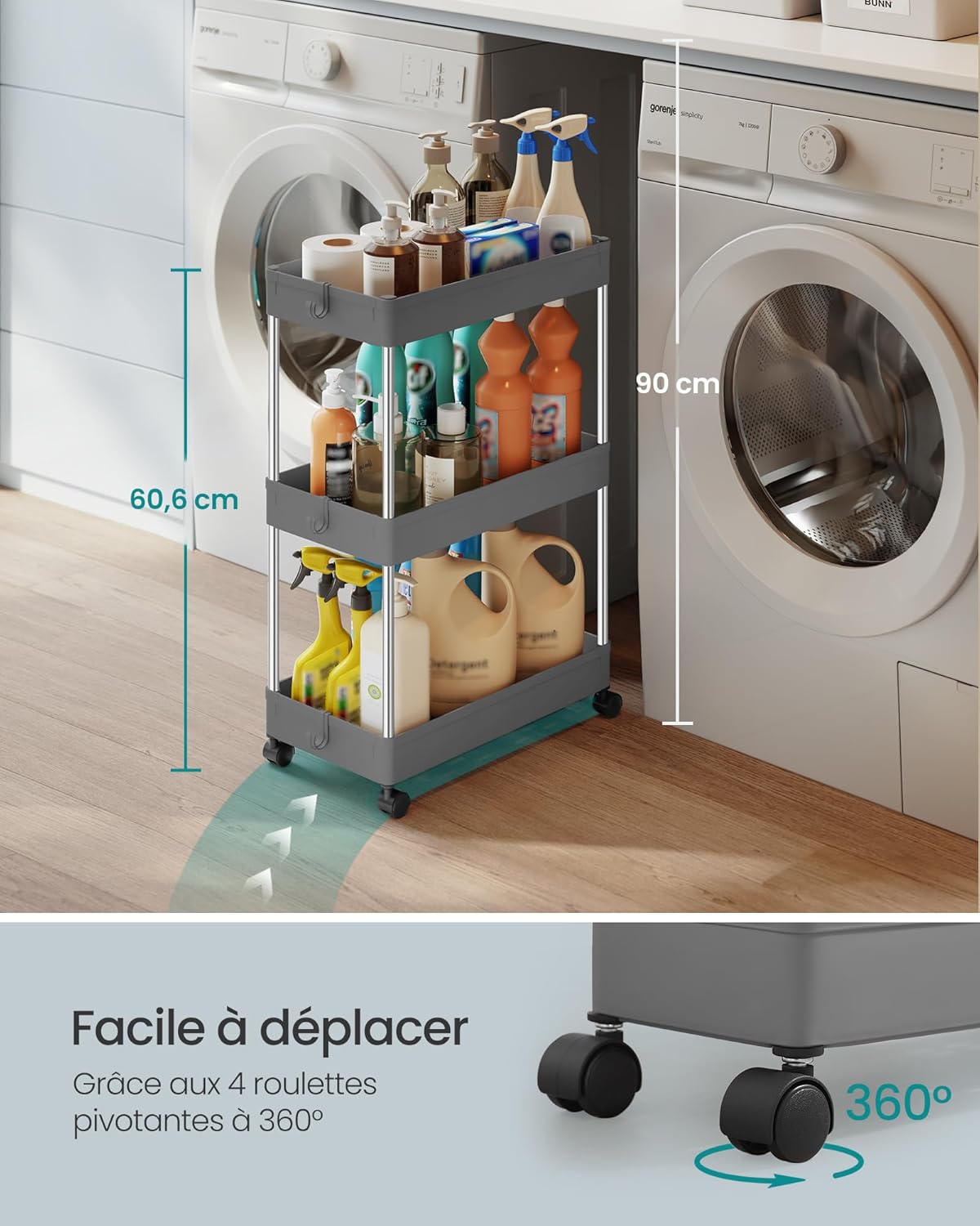 SONGMICS - Chariot cuisine 3 niveaux, acier, 23,6x42x60,6cm, 6 crochets, KSC009G01