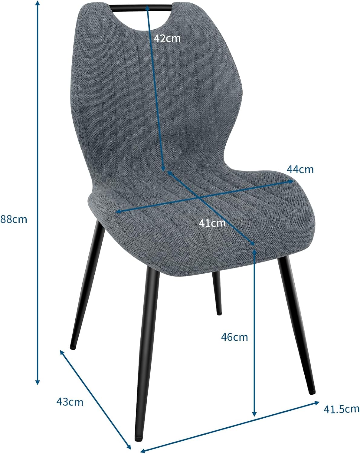 Chaises de salle à manger - lot de 4 - tissu gris, pieds métal, dossier confortable
