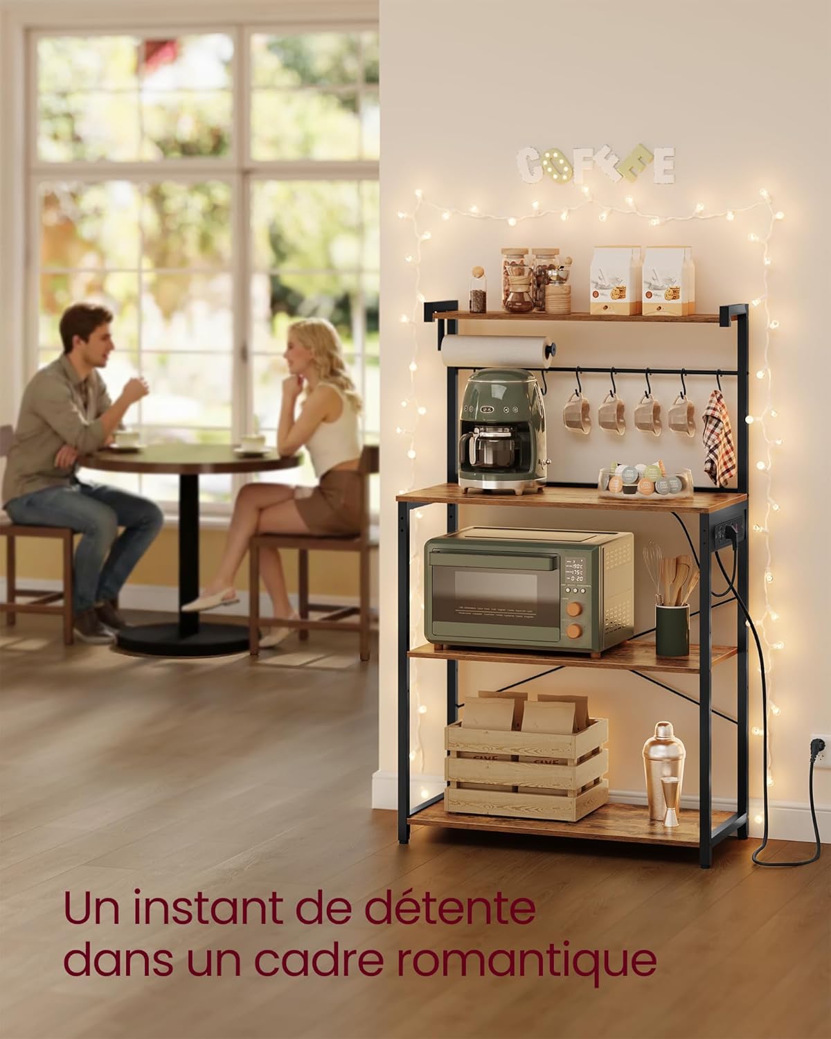 VASAGLE - étagère cuisine série bar café, 80x40x140 cm, 4 niveaux, multiprise, 8 crochets S, KKS029KD02