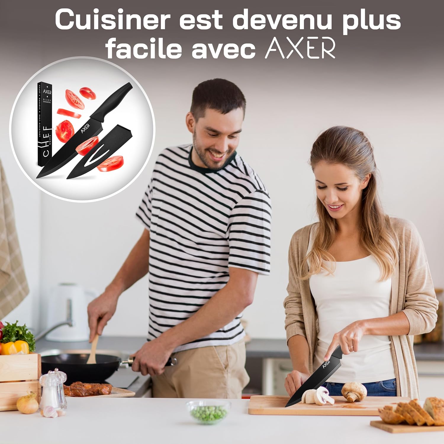 Axer - Chef Knife Série - 20 cm - Acier inox noir, étui inclus