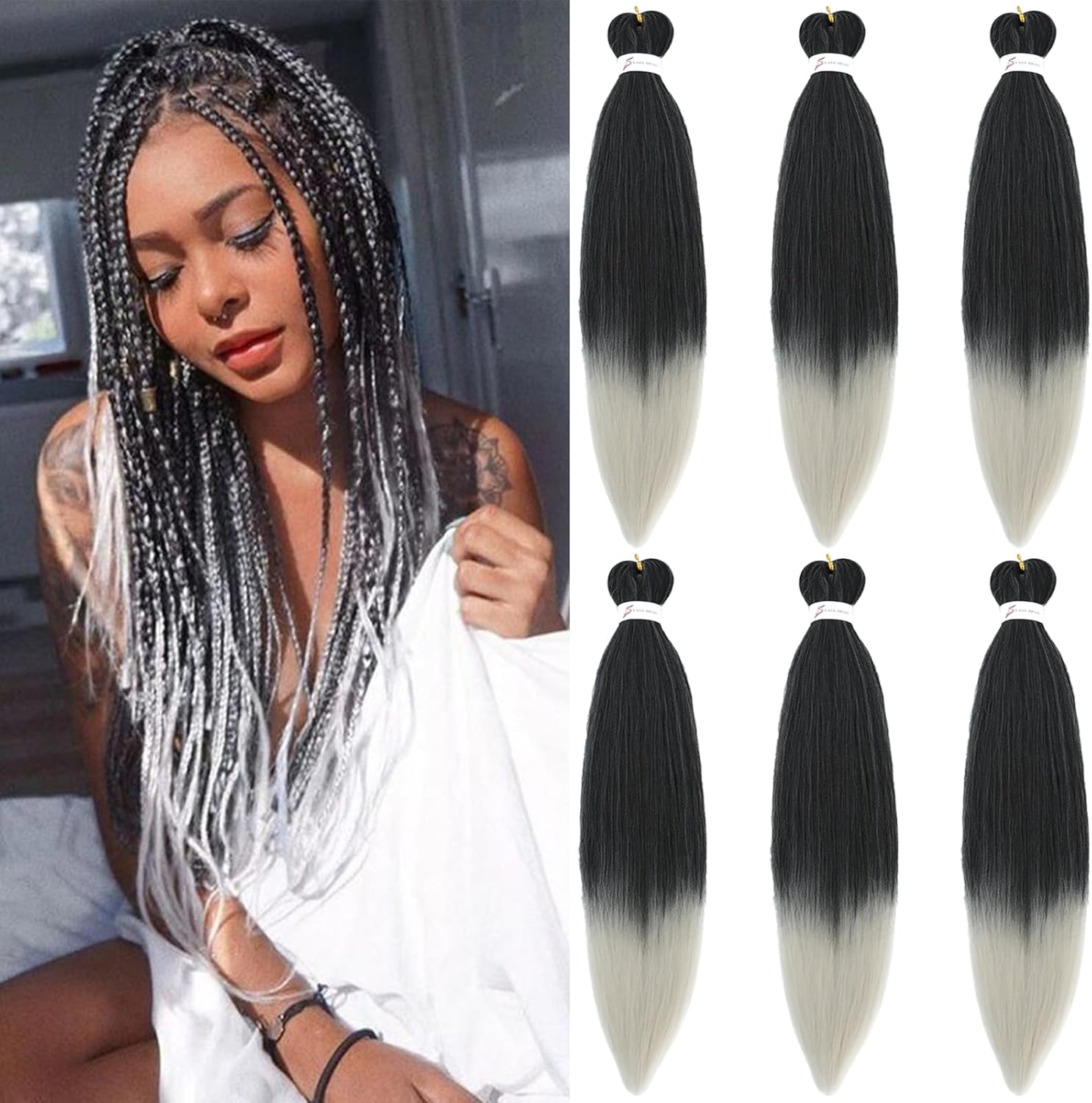 Rajout cheveux tressés - 20 pouces - ombre noir argent, lot de 6, T1B/Silver#